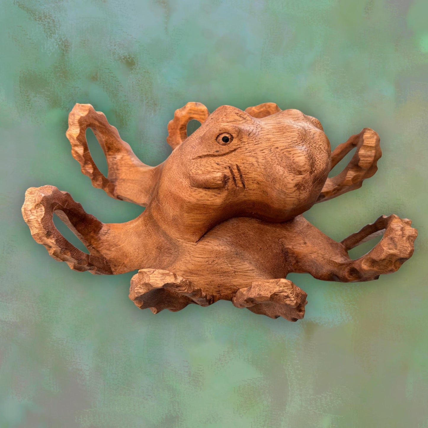 Hand Carved Suar Wood Octopus Sculpture: Balinese Nautical Decor 7”