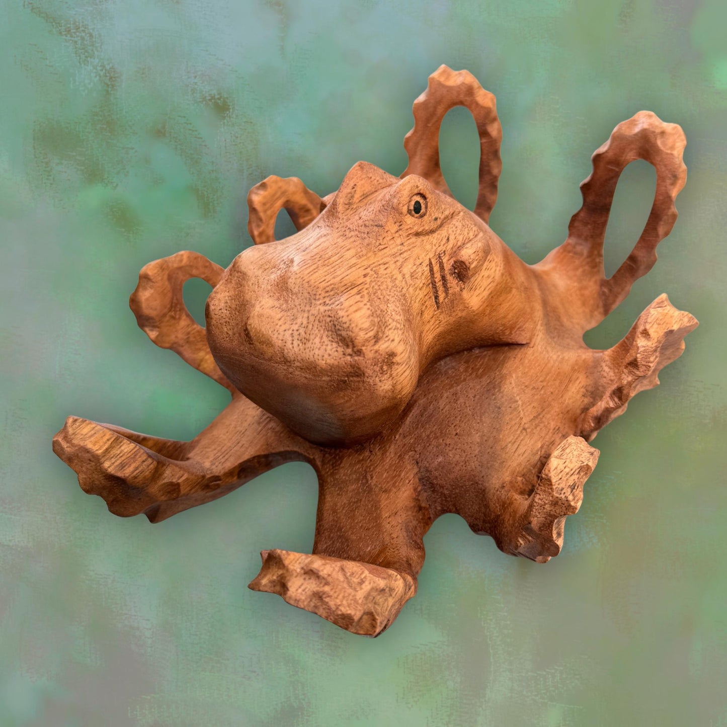 Hand Carved Suar Wood Octopus Sculpture: Balinese Nautical Decor 7”