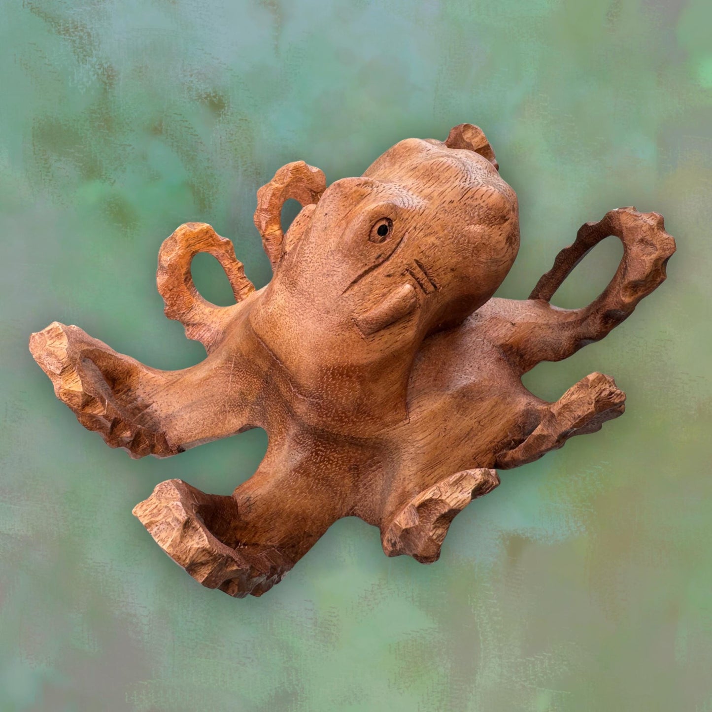 Hand Carved Suar Wood Octopus Sculpture: Balinese Nautical Decor 7”