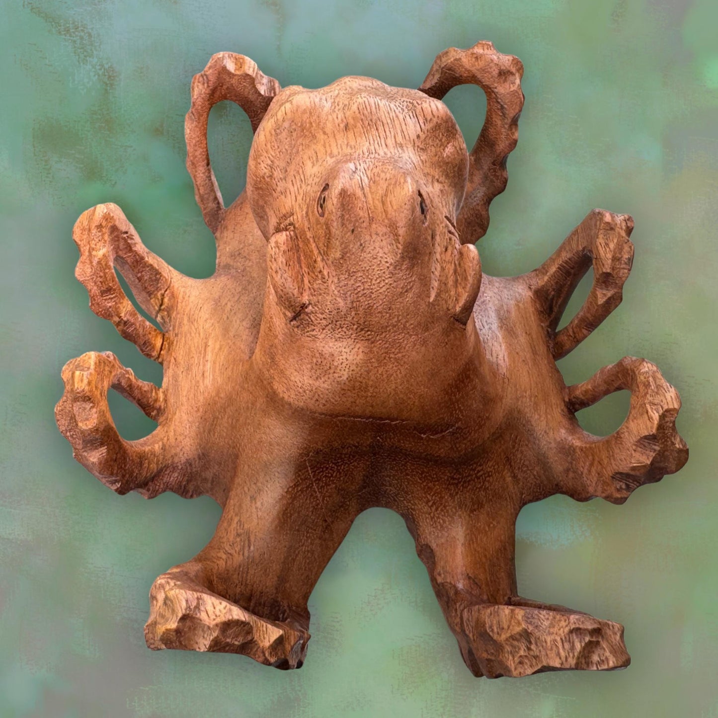 Hand Carved Suar Wood Octopus Sculpture: Balinese Nautical Decor 7”
