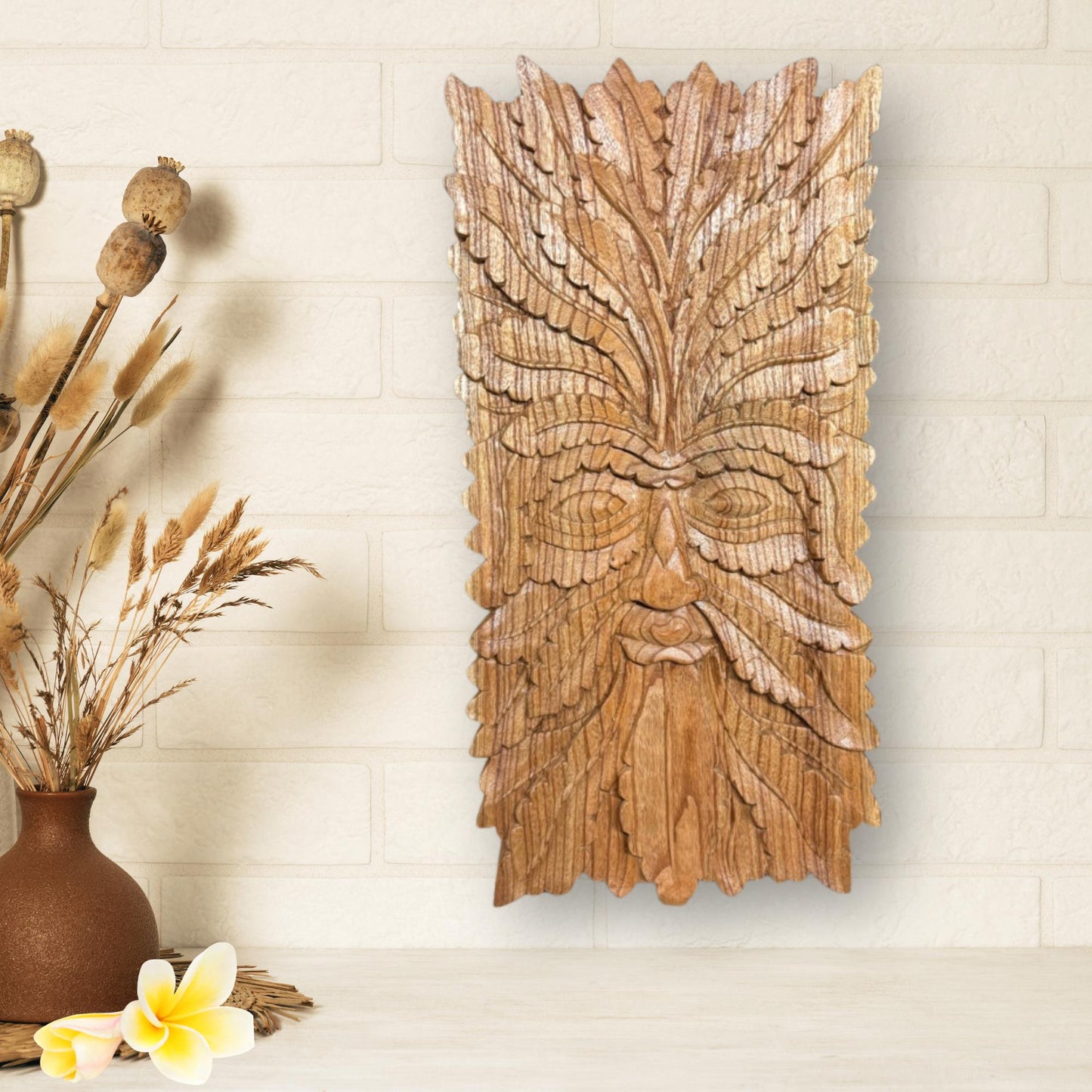Hand Carved Greenman Wood Wall Art: Rustic Nature Spirit Sculpture