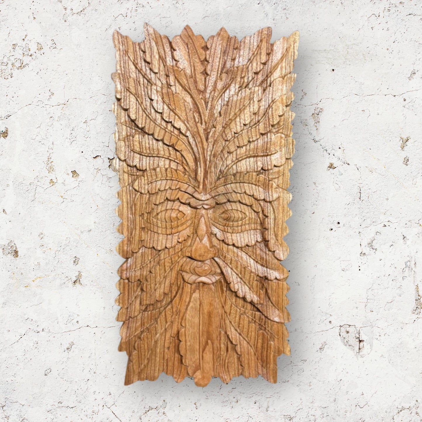 Hand Carved Greenman Wood Wall Art: Rustic Nature Spirit Sculpture