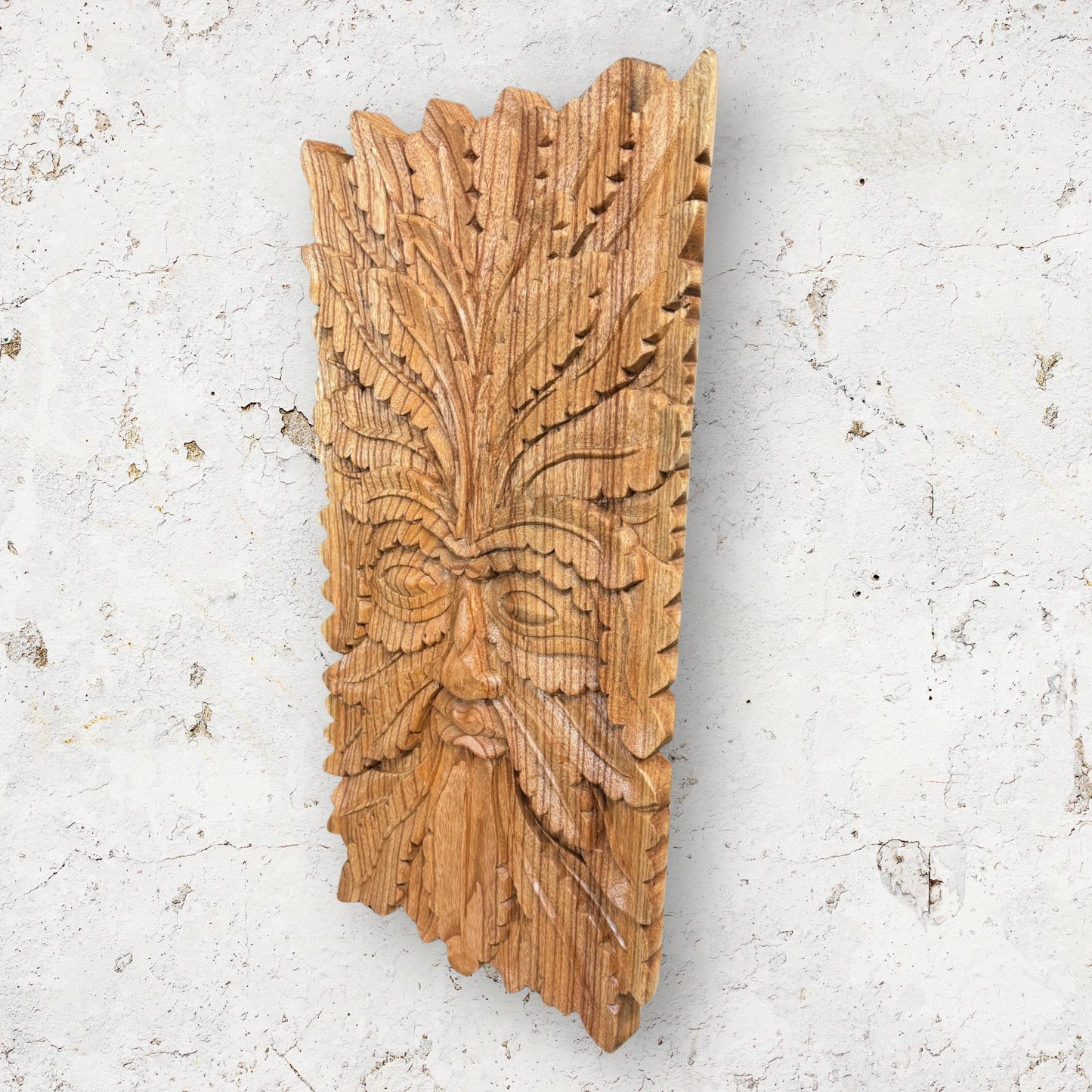 Hand Carved Greenman Wood Wall Art: Rustic Nature Spirit Sculpture
