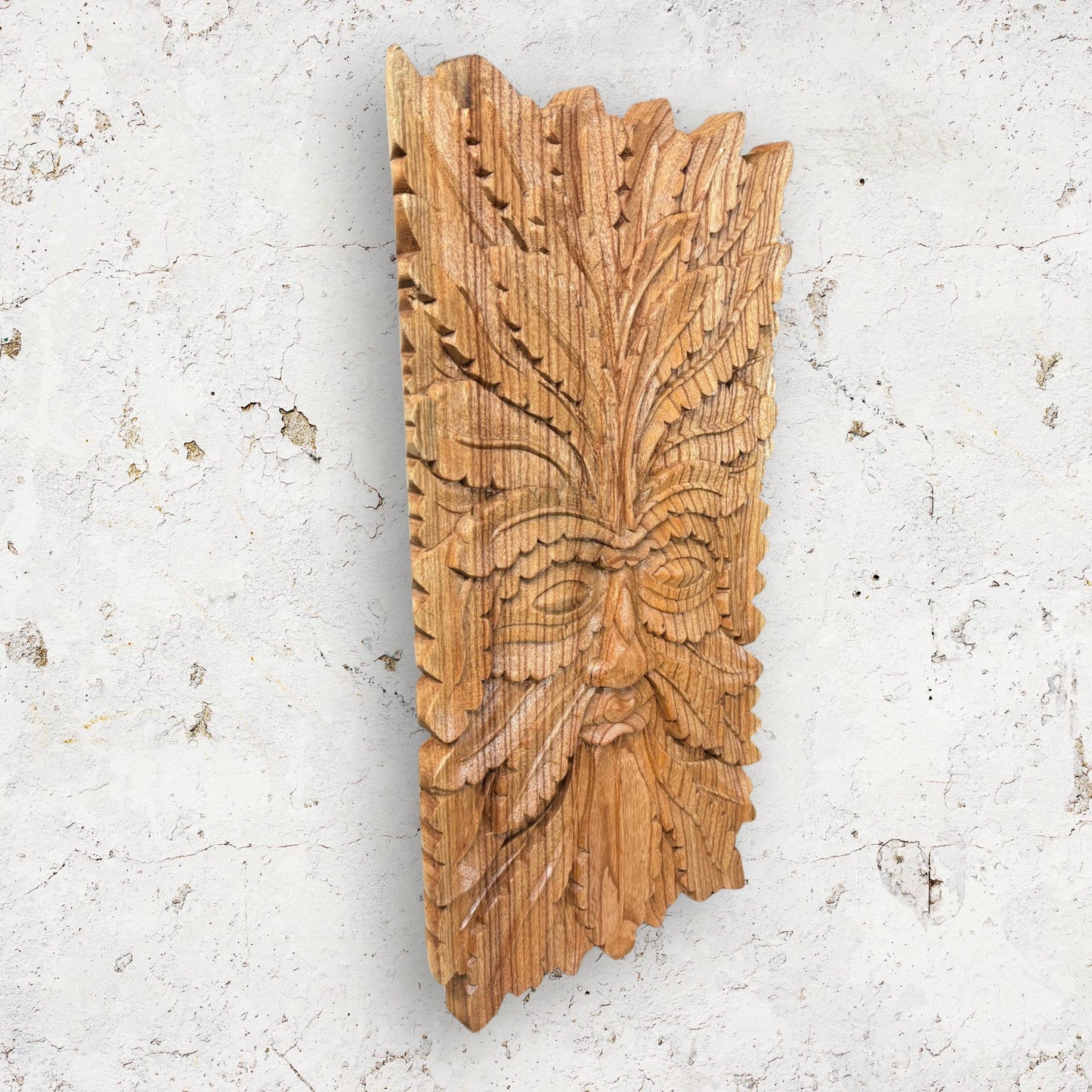 Hand Carved Greenman Wood Wall Art: Rustic Nature Spirit Sculpture