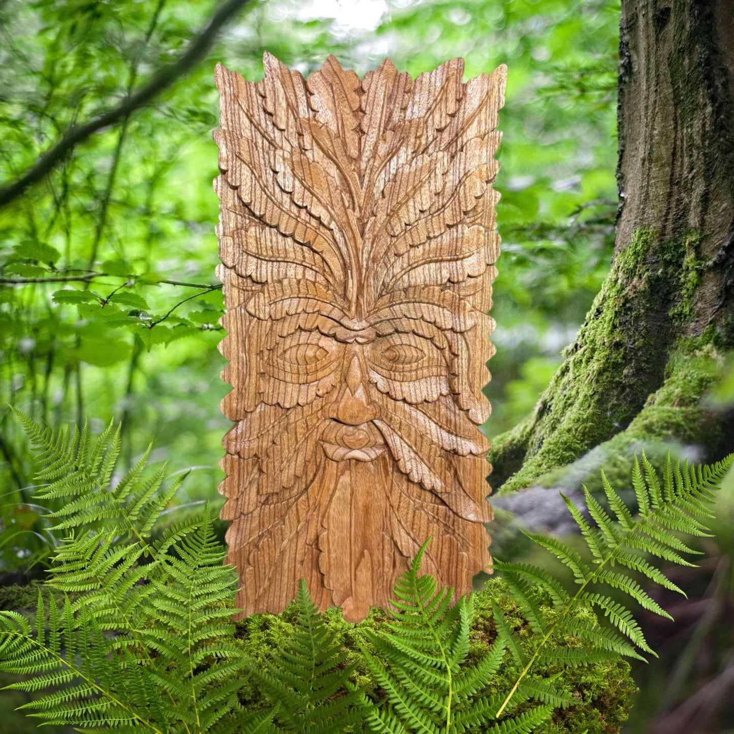Hand Carved Greenman Wood Wall Art: Rustic Nature Spirit Sculpture