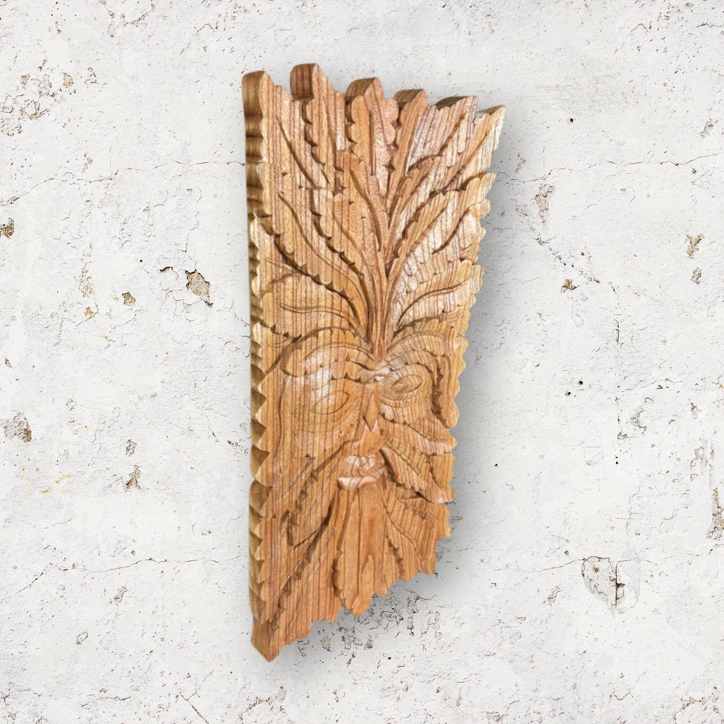 Hand Carved Greenman Wood Wall Art: Rustic Nature Spirit Sculpture
