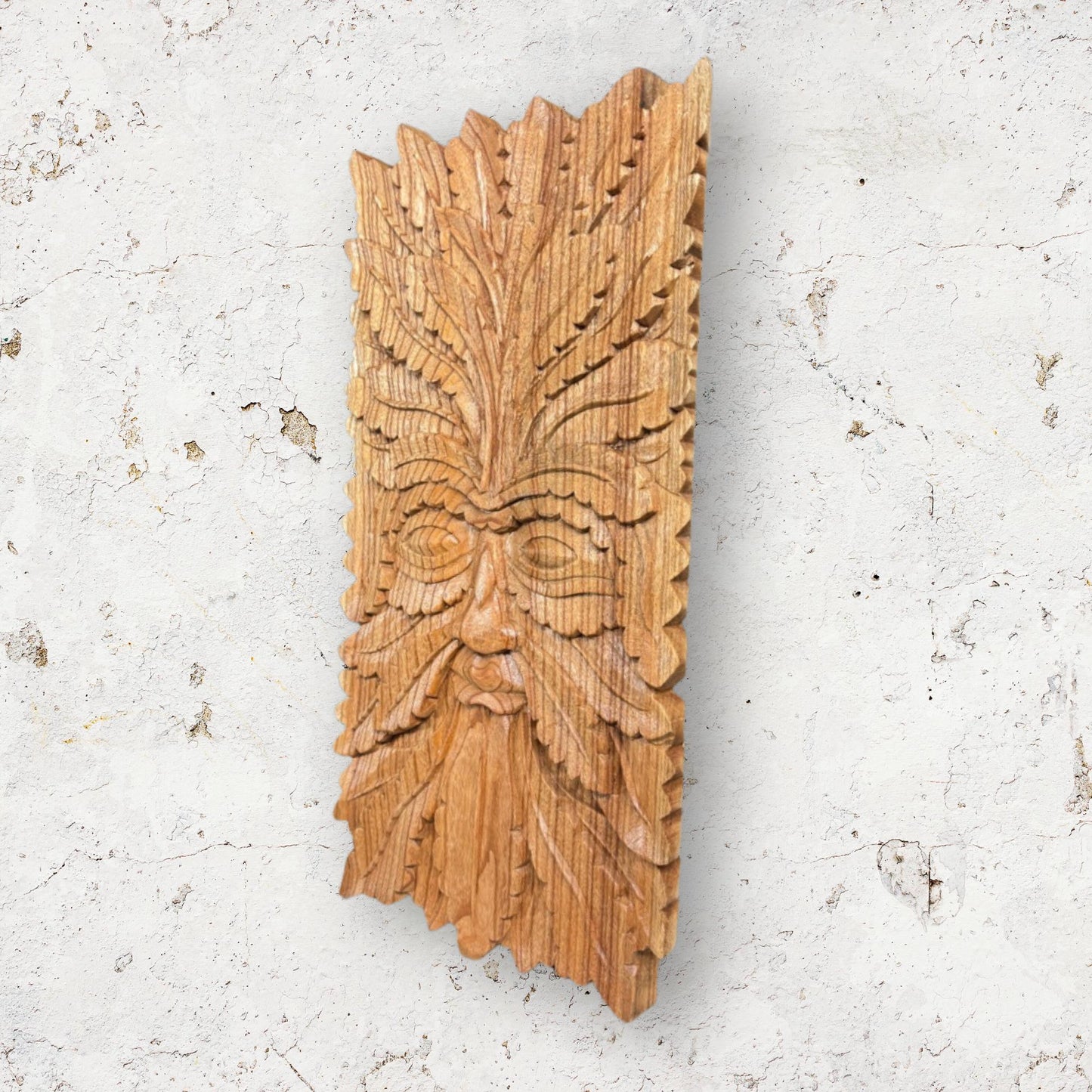 Hand Carved Greenman Wood Wall Art: Rustic Nature Spirit Sculpture