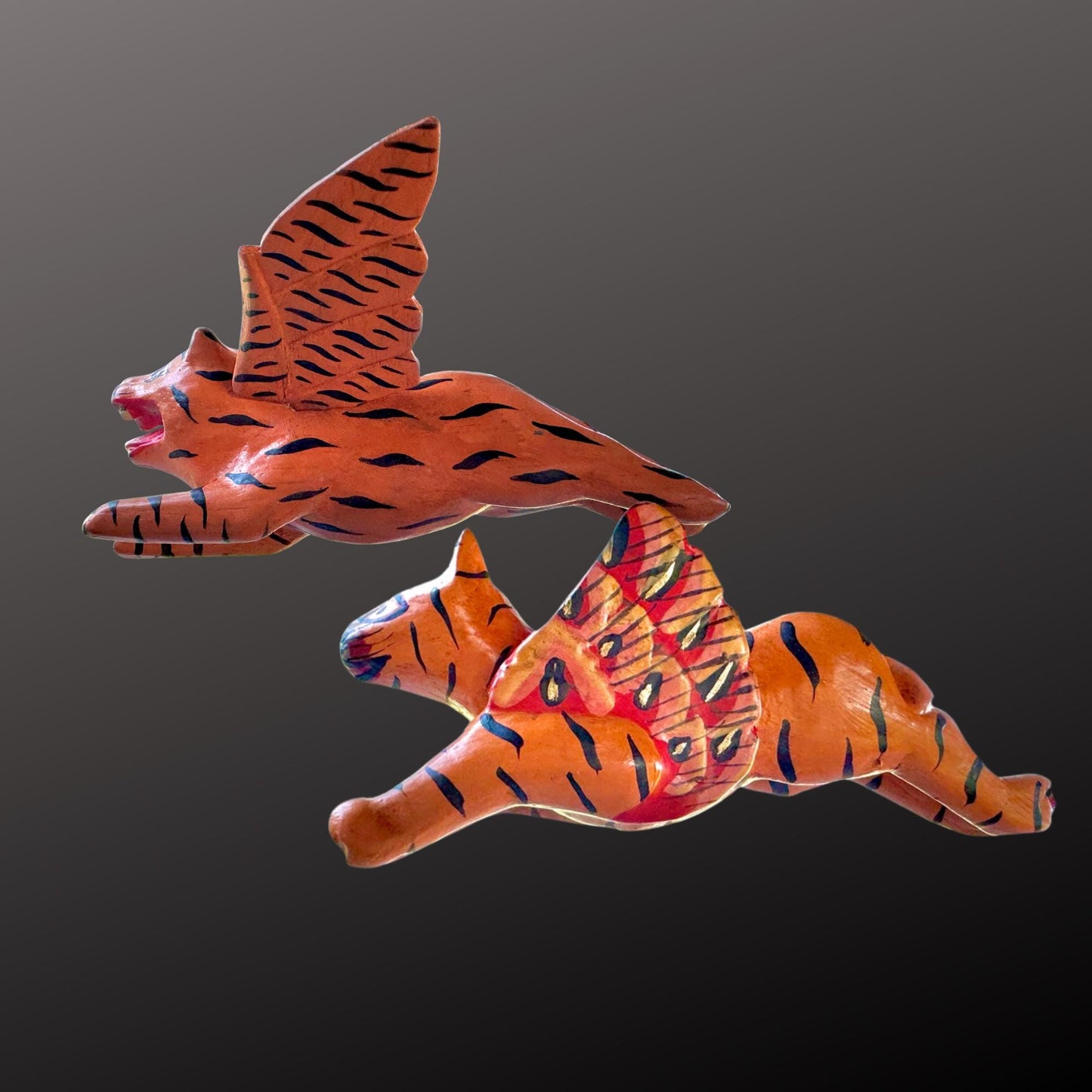 Winged Tiger Cat Spiritchaser Ornament Set - Hand Carved Wood Balinese Folk Art