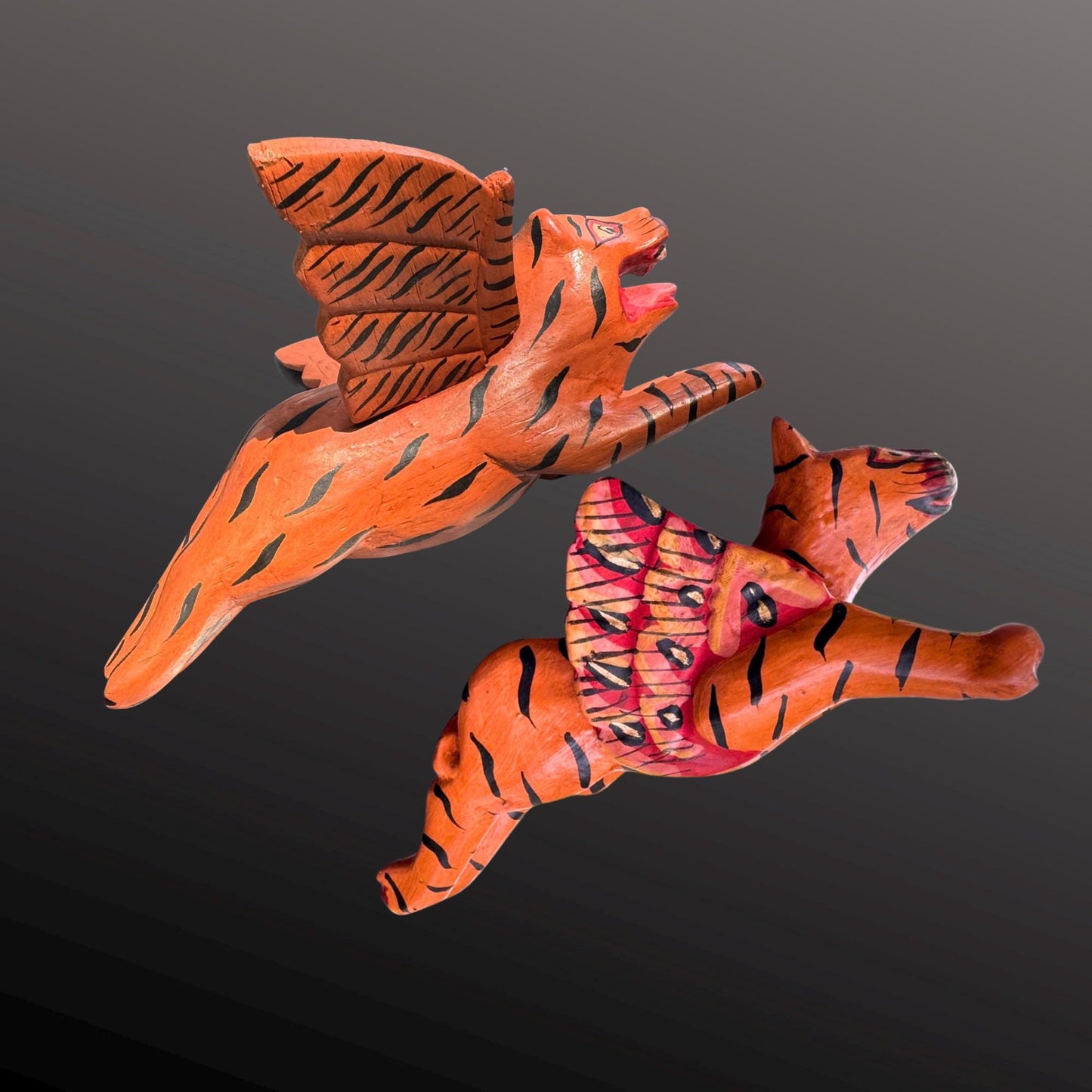 Winged Tiger Cat Spiritchaser Ornament Set - Hand Carved Wood Balinese Folk Art