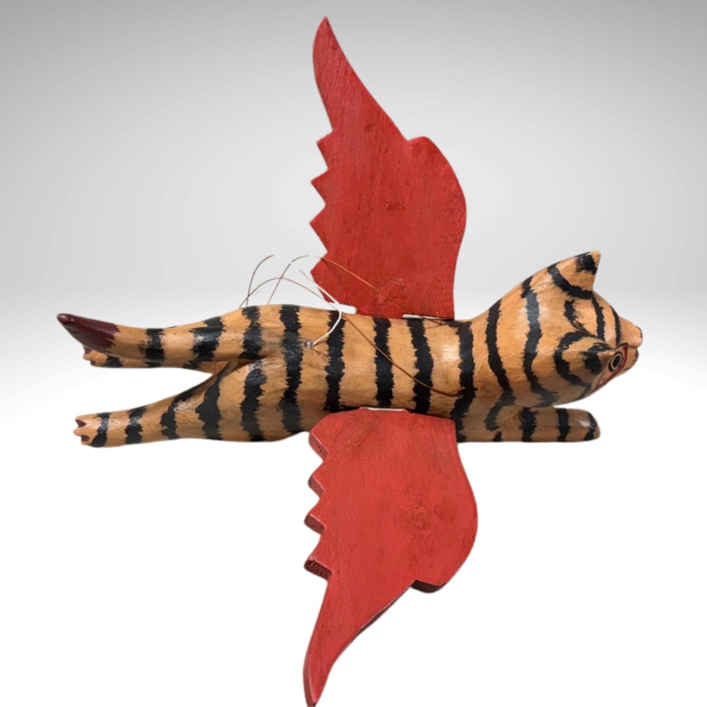 Winged Tan Striped Tiger Cat Mobile Flying Demon Chaser Carved Wood Balinese Folk Art