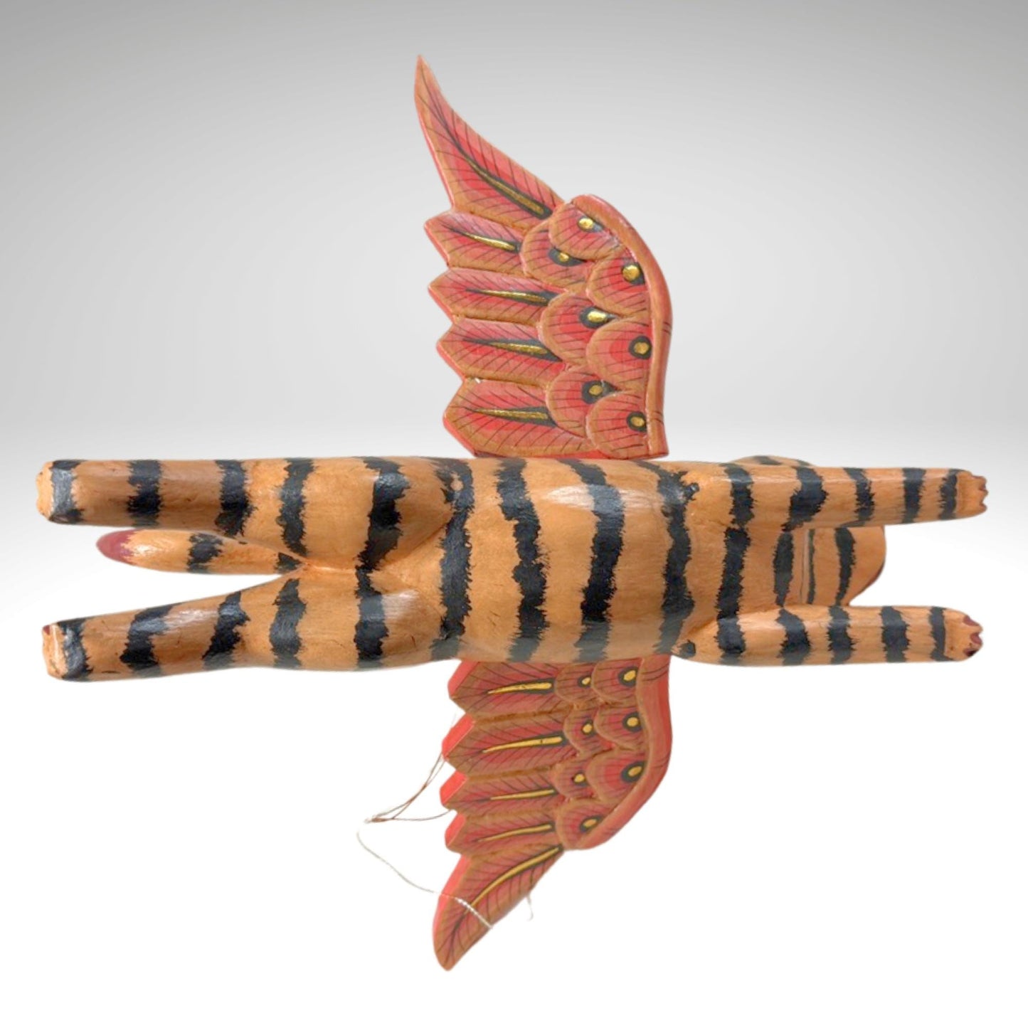 Winged Tan Striped Tiger Cat Mobile Flying Demon Chaser Carved Wood Balinese Folk Art