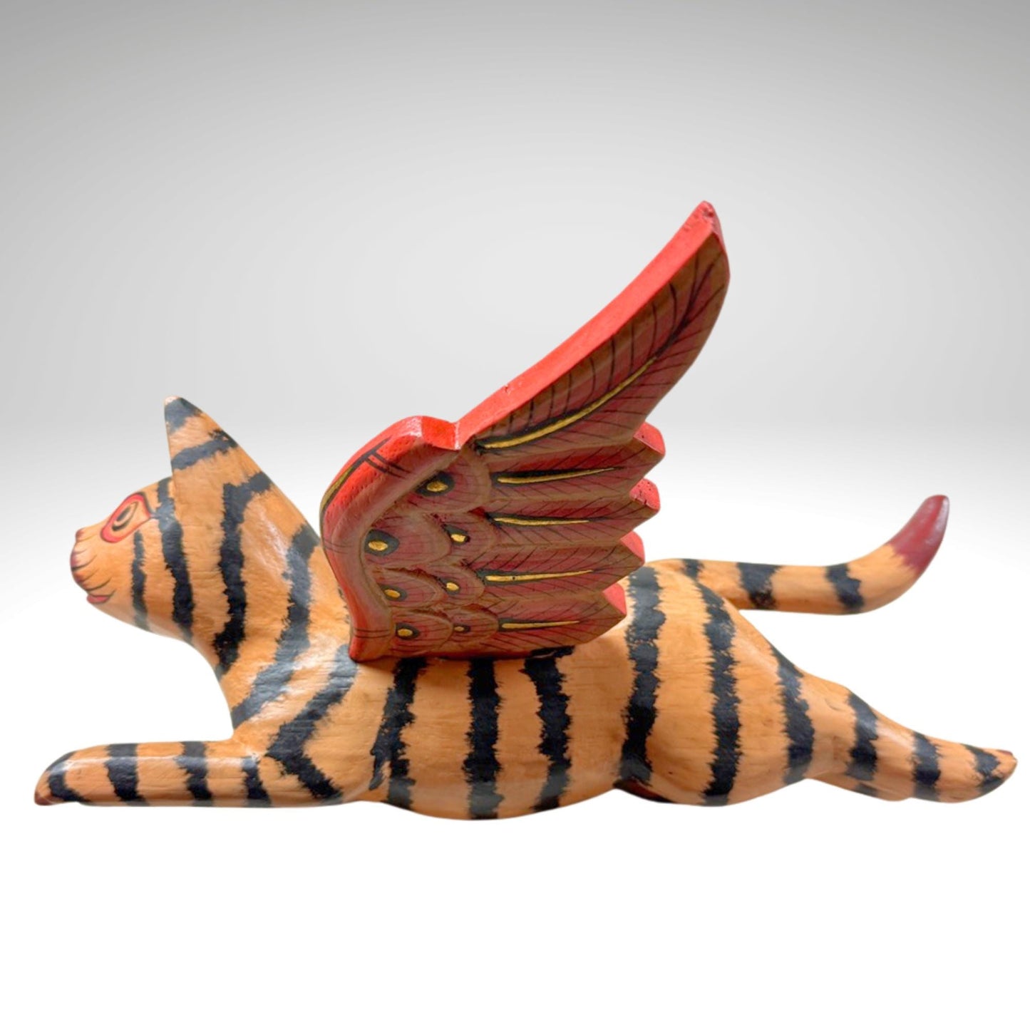 Winged Tan Striped Tiger Cat Mobile Flying Demon Chaser Carved Wood Balinese Folk Art