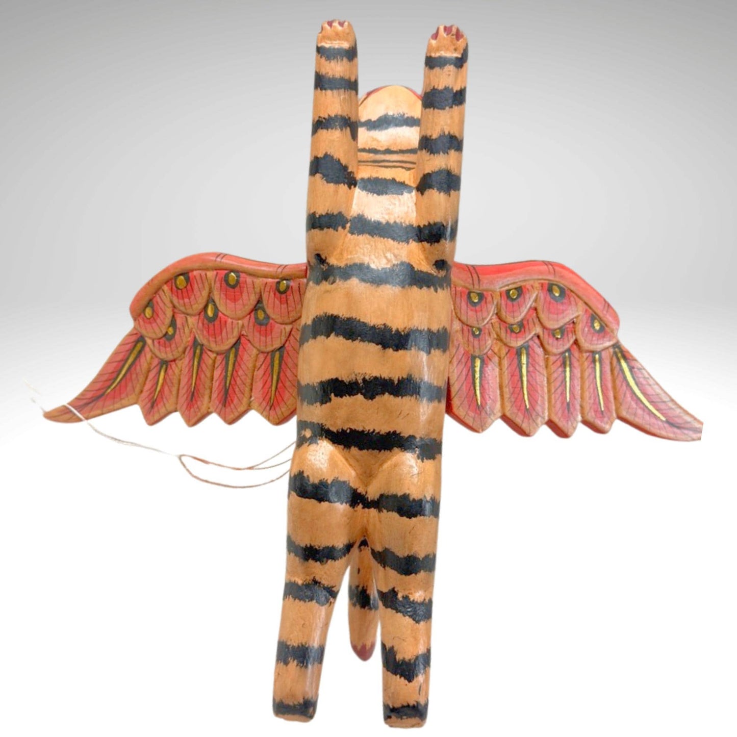 Winged Tan Striped Tiger Cat Mobile Flying Demon Chaser Carved Wood Balinese Folk Art
