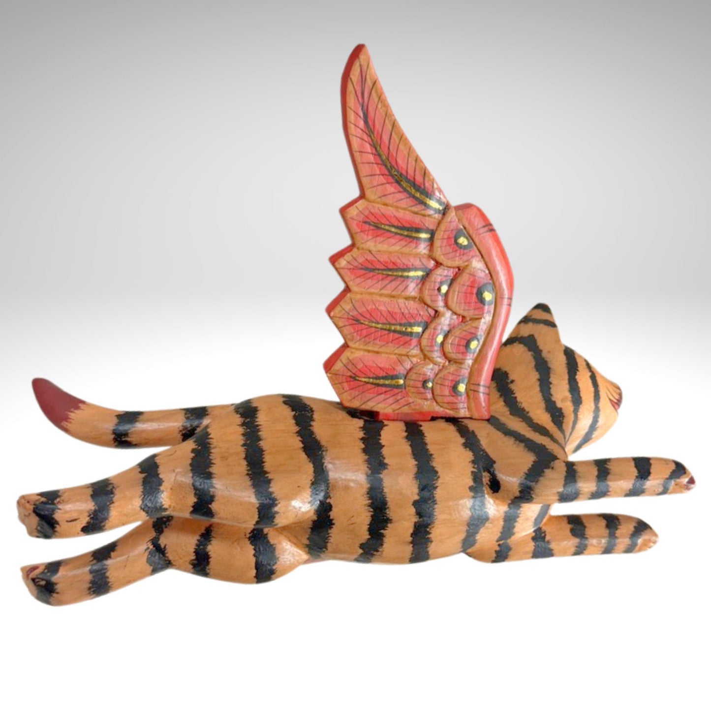 Winged Tan Striped Tiger Cat Mobile Flying Demon Chaser Carved Wood Balinese Folk Art