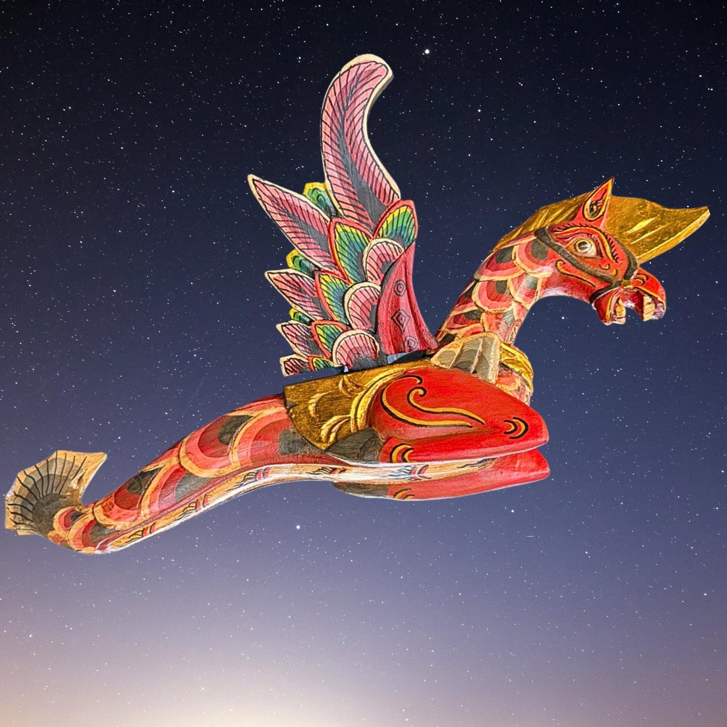 Bali Winged Seahorse Spiritchaser Mobile,Hand Carved Wooden Indonesian Folk Art