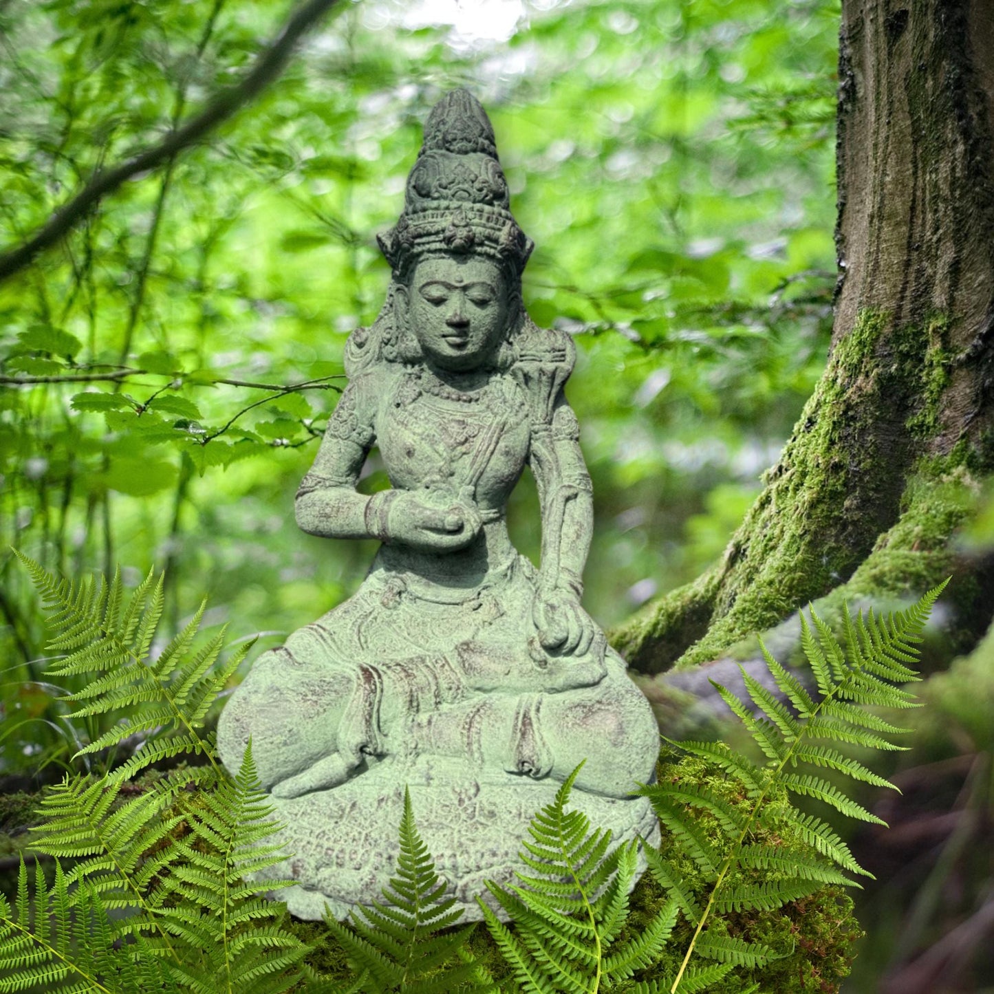 Green Dewi Tara Statue: Balinese Goddess of Compassion, Handcrafted Lava Stone