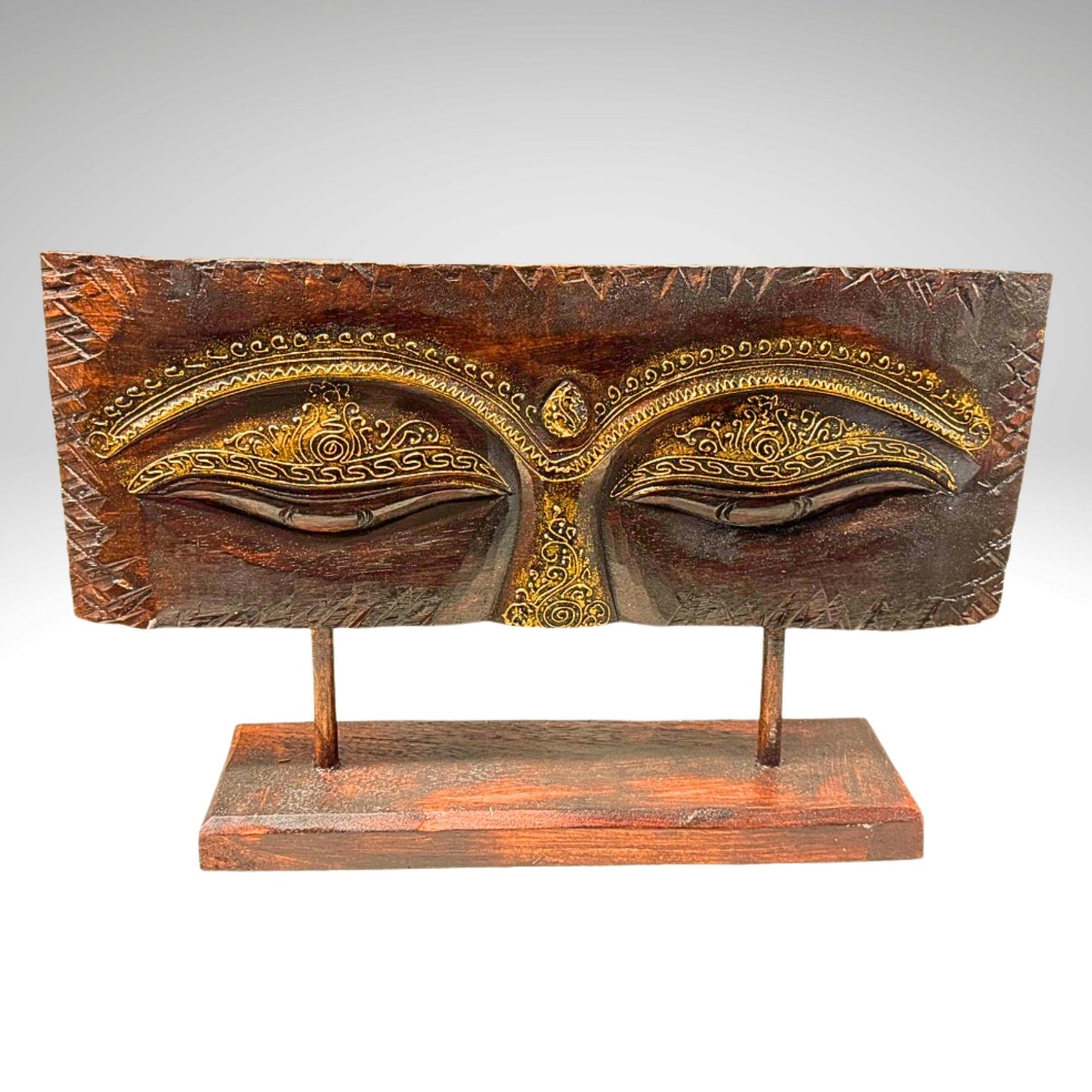 Eyes of Buddha Hand Carved Wood Statue Art Panel Sculpture Brown  Balinese Art