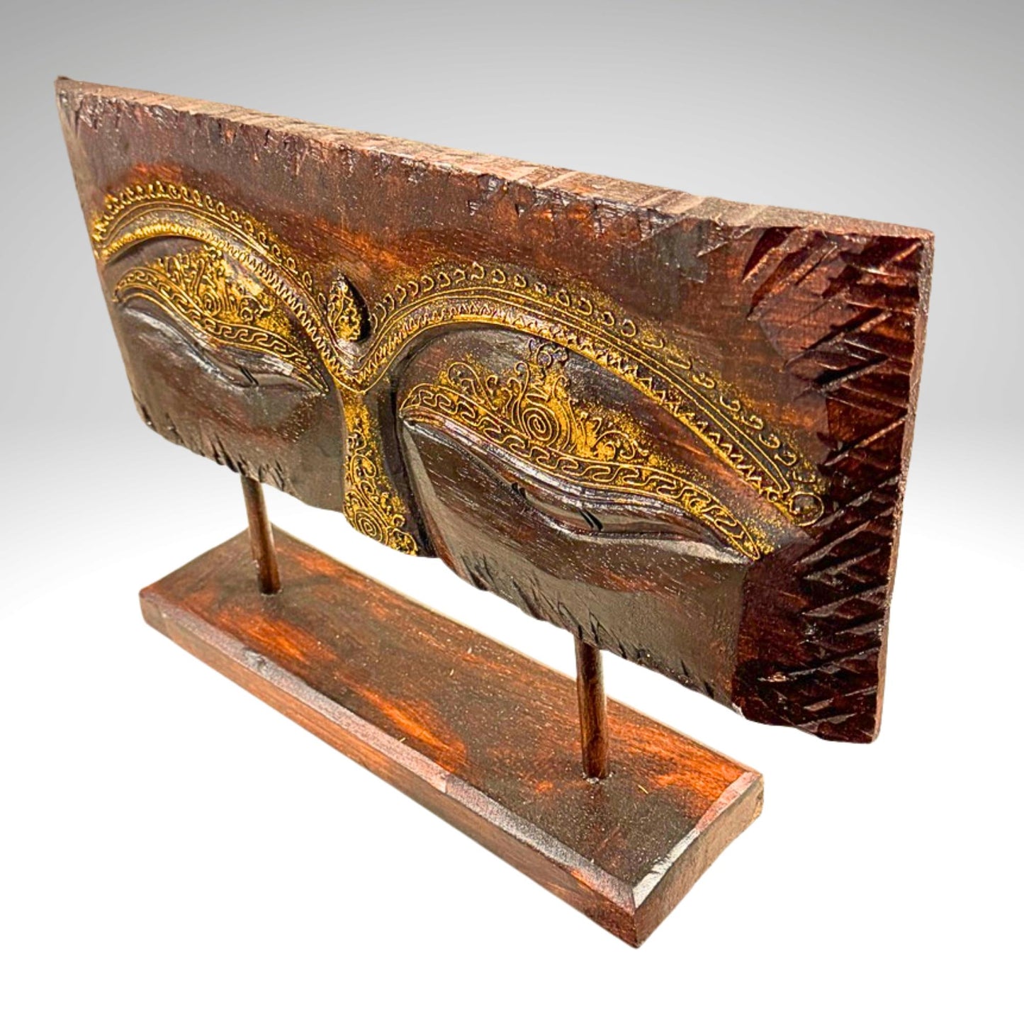 Eyes of Buddha Hand Carved Wood Statue Art Panel Sculpture Brown  Balinese Art