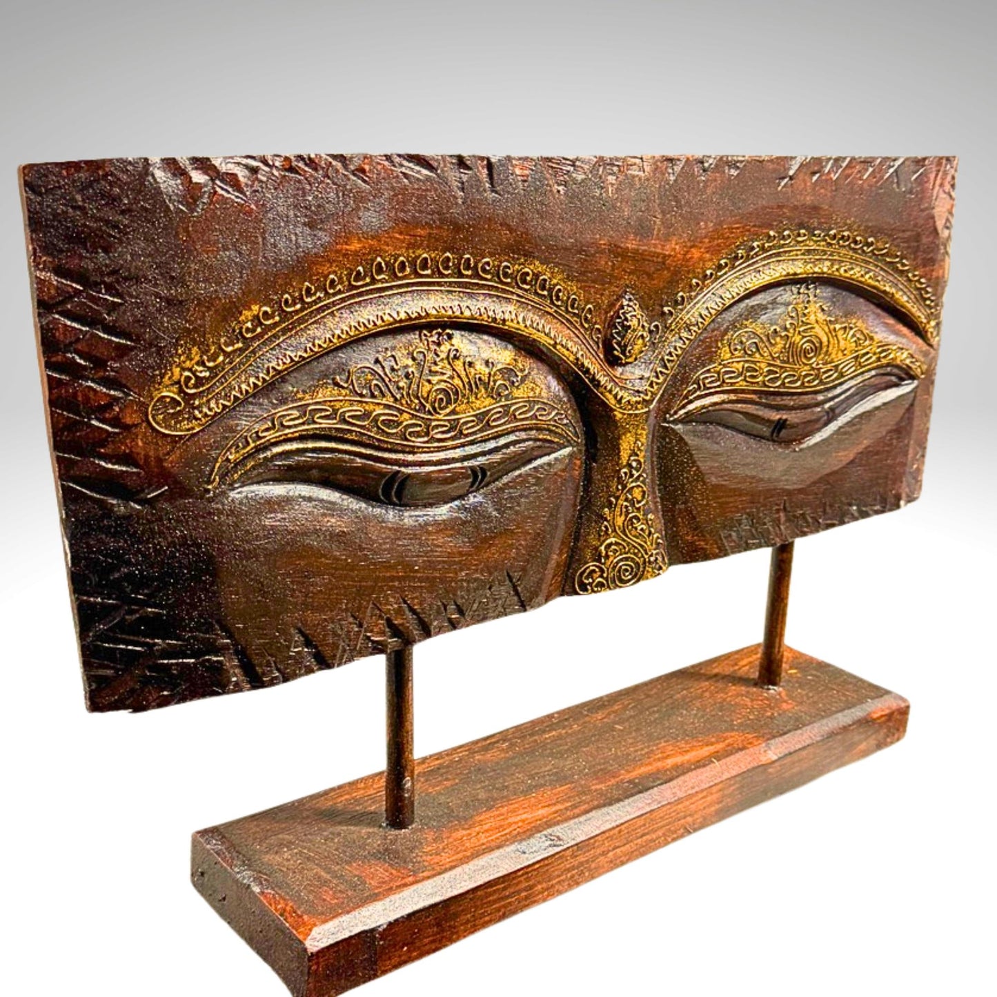 Eyes of Buddha Hand Carved Wood Statue Art Panel Sculpture Brown  Balinese Art