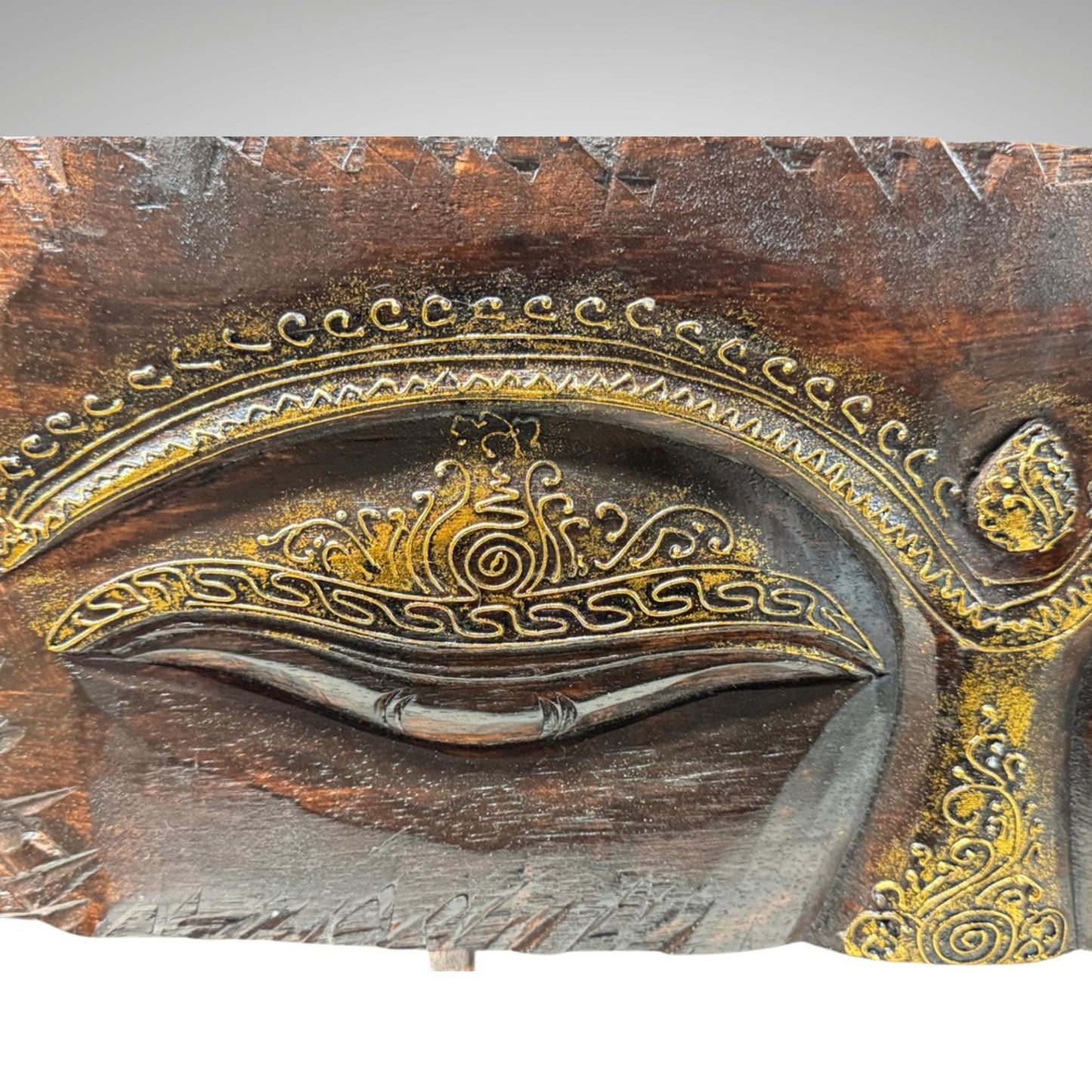 Eyes of Buddha Hand Carved Wood Statue Art Panel Sculpture Brown  Balinese Art