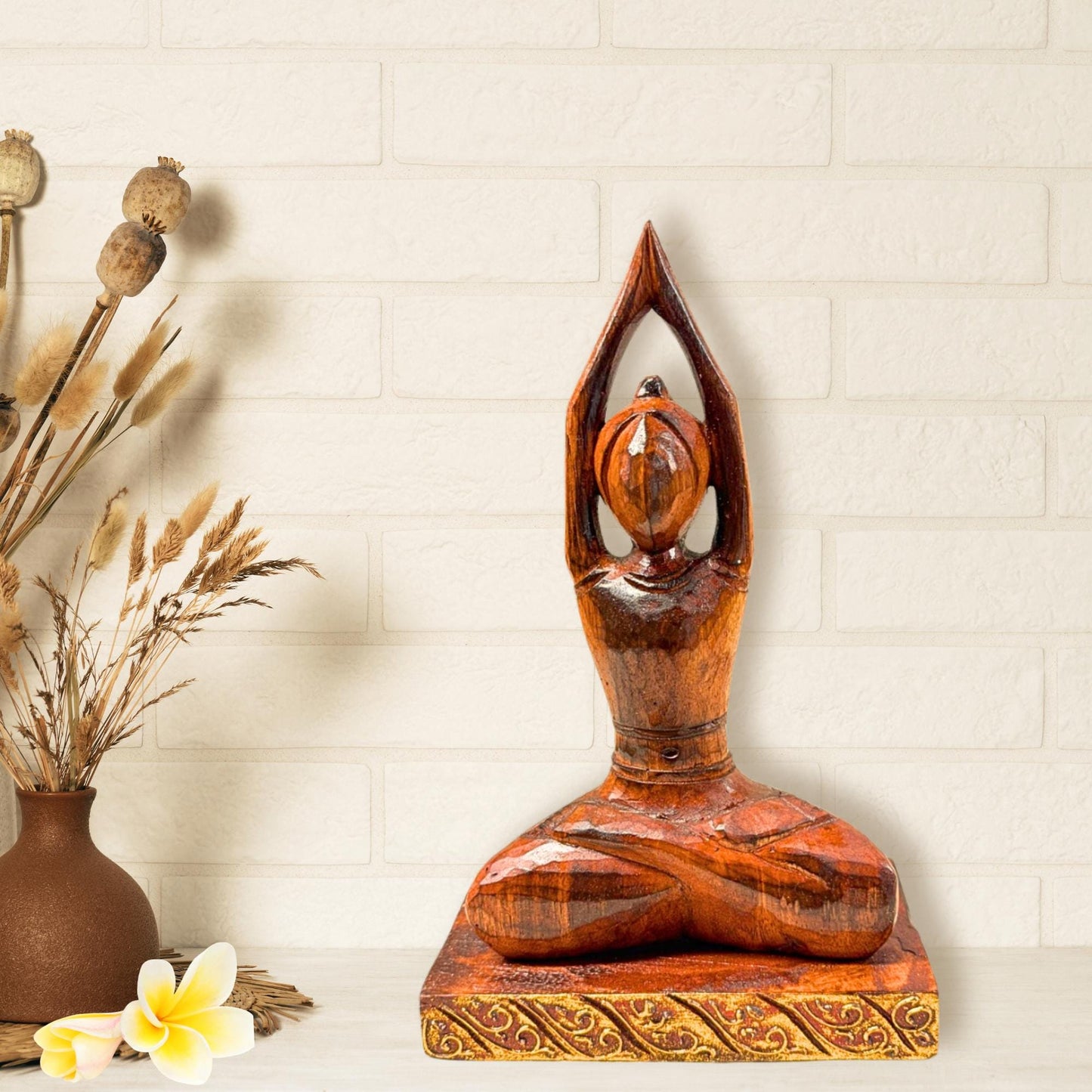 Yoga Pose Figure Asana Hand Carved Wood Statue Art Panel Sculpture Brown Balinese Art