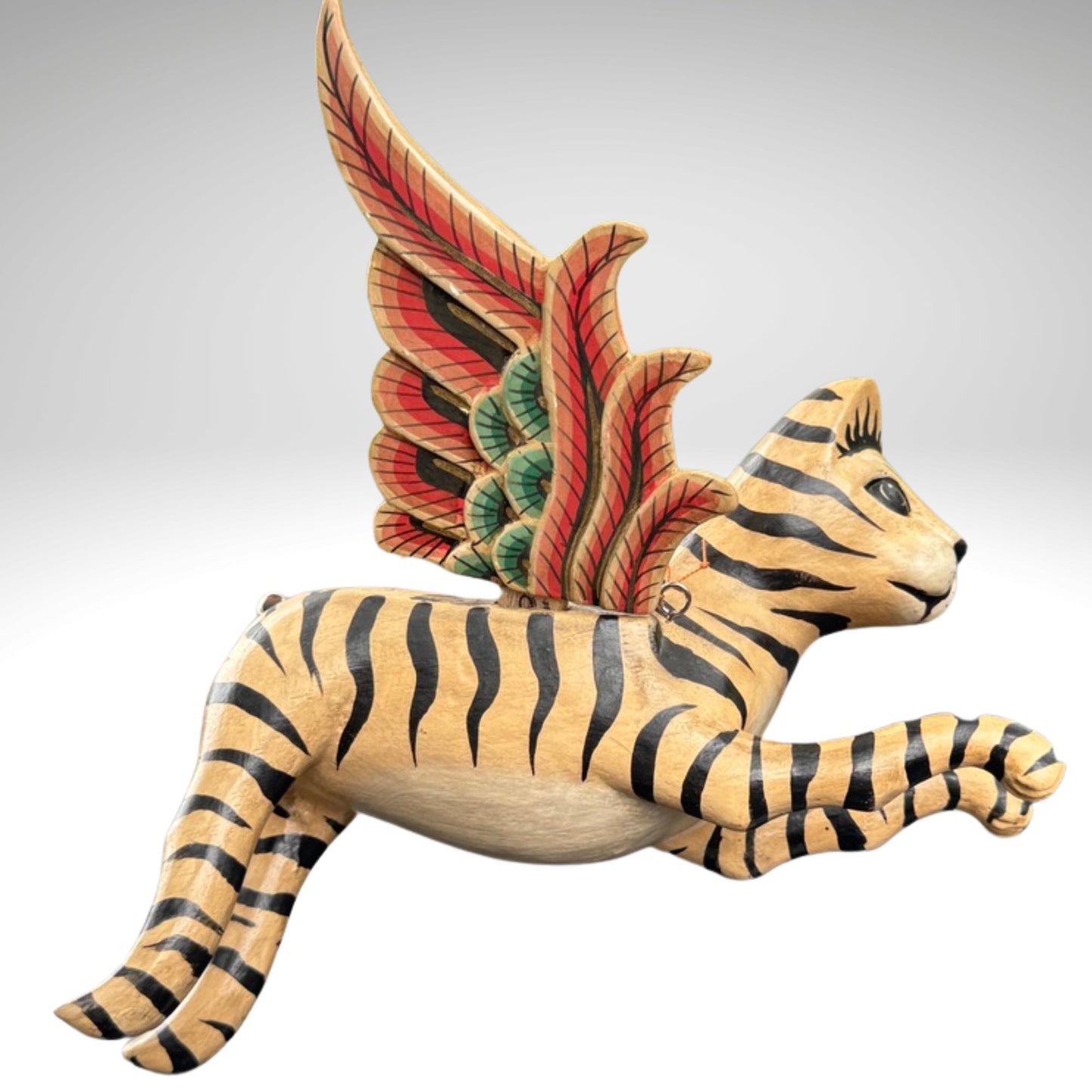 Winged Striped Flying Tiger Cat Mobile Demon Chaser Carved Wood Balinese Folk Art