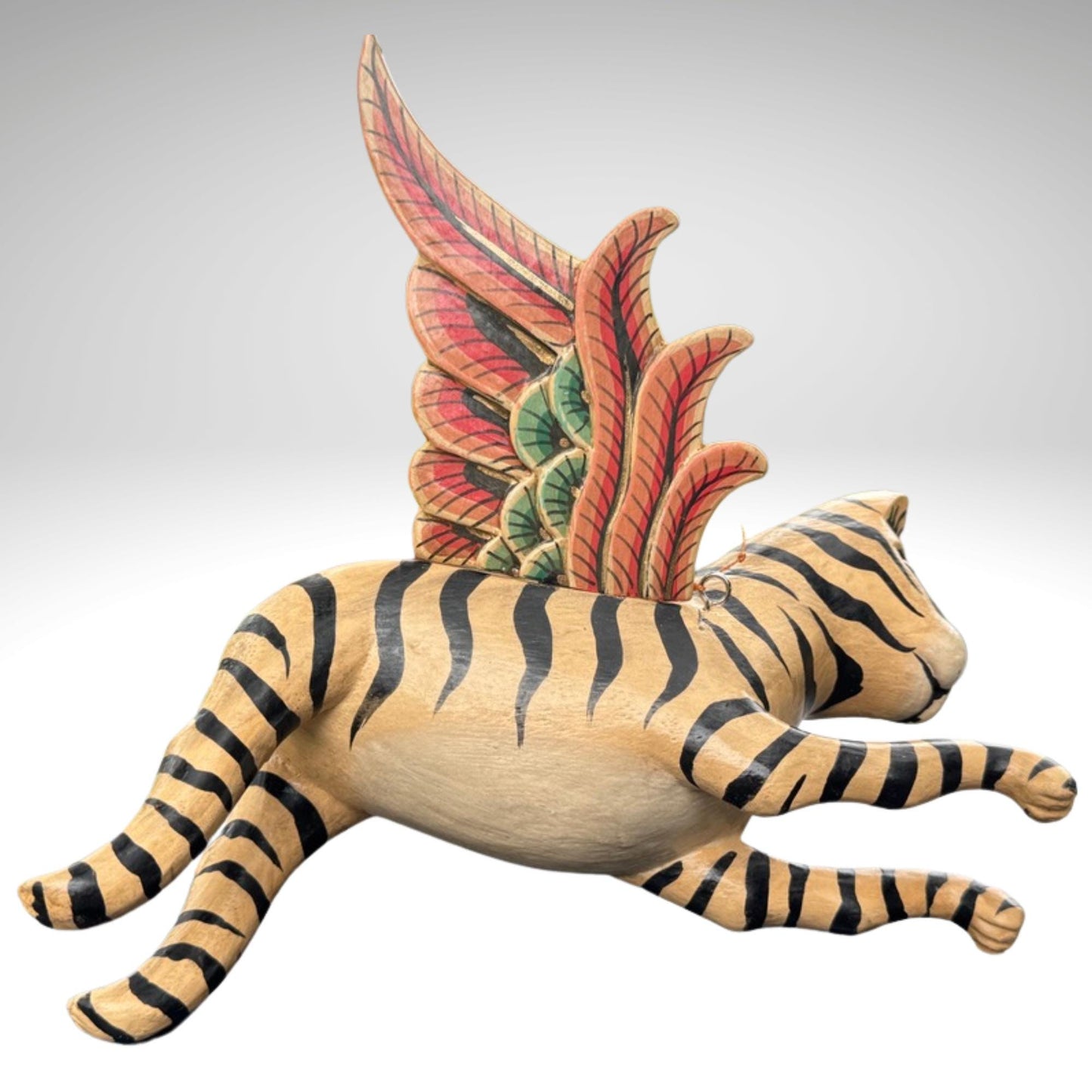Winged Striped Flying Tiger Cat Mobile Demon Chaser Carved Wood Balinese Folk Art