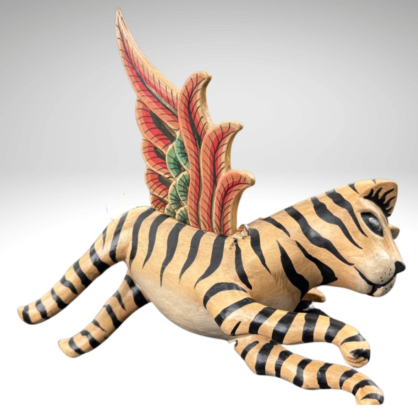 Winged Striped Flying Tiger Cat Mobile Demon Chaser Carved Wood Balinese Folk Art