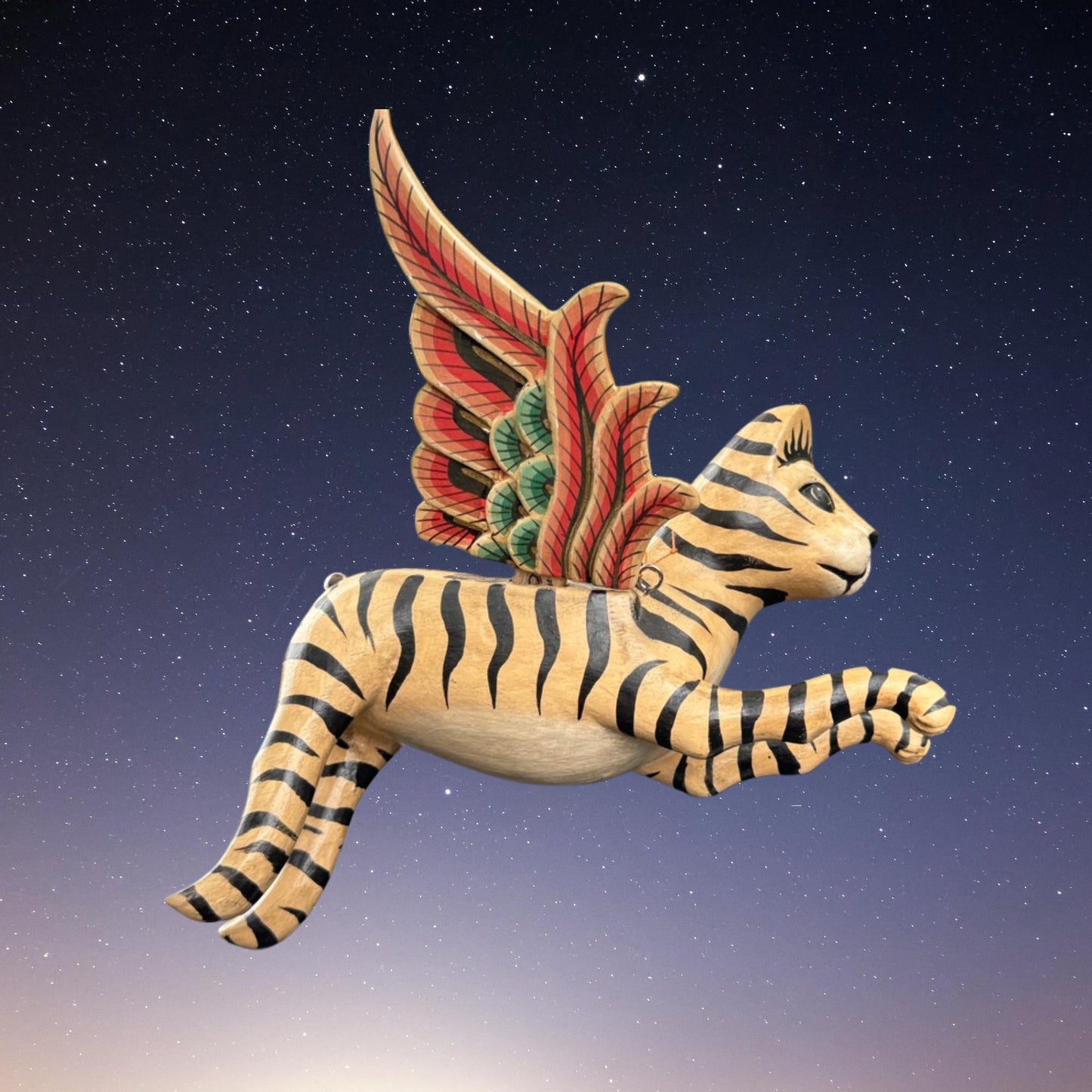 Winged Striped Flying Tiger Cat Mobile Demon Chaser Carved Wood Balinese Folk Art