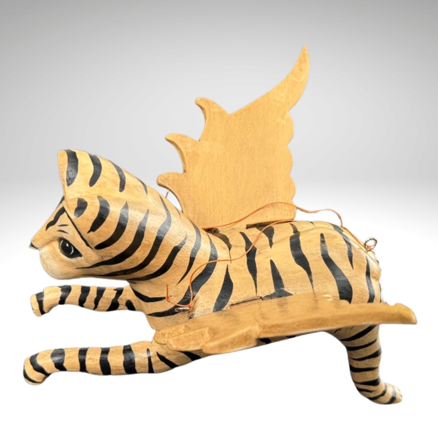 Winged Striped Flying Tiger Cat Mobile Demon Chaser Carved Wood Balinese Folk Art