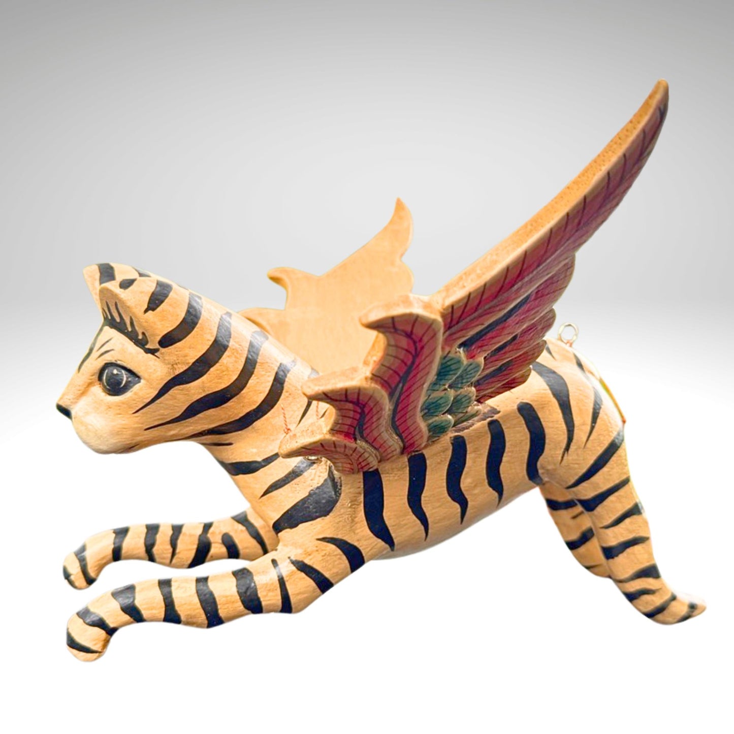 Winged Striped Flying Tiger Cat Mobile Demon Chaser Carved Wood Balinese Folk Art