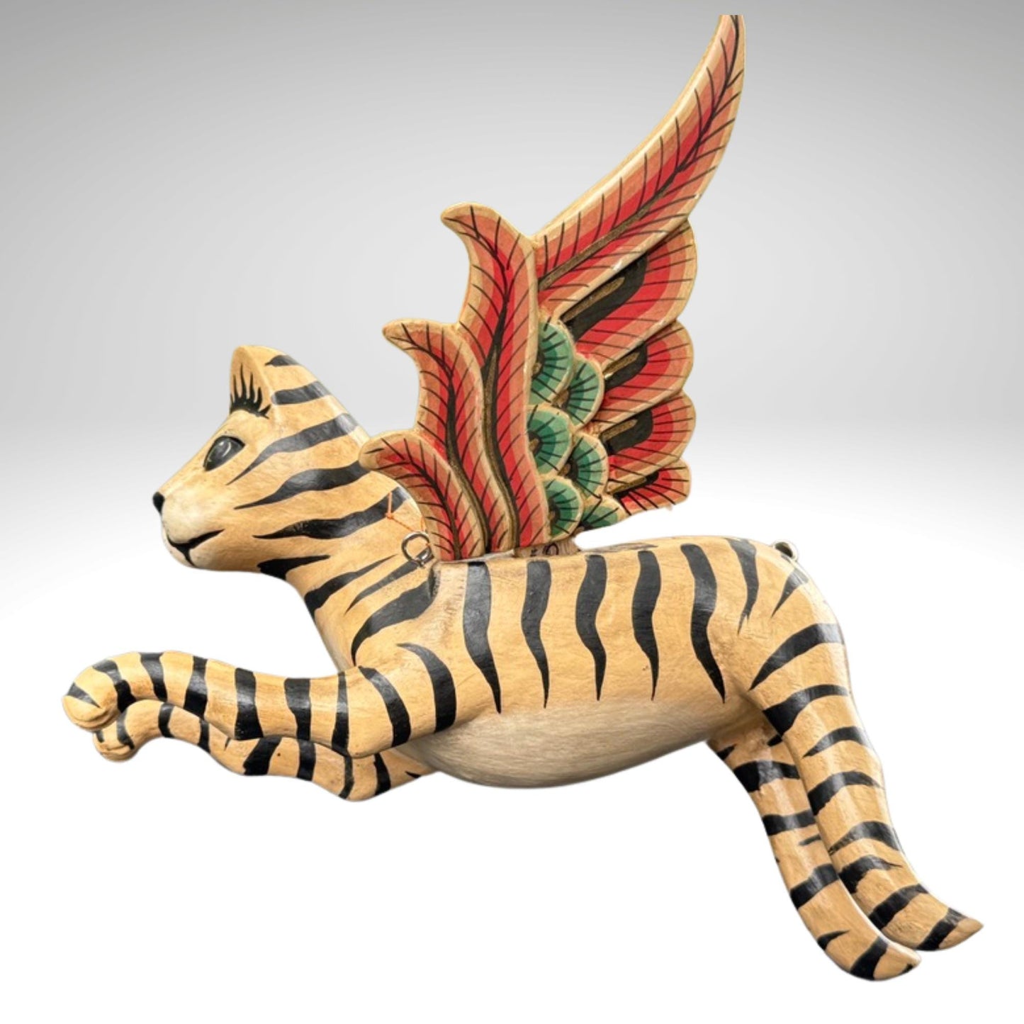 Winged Striped Flying Tiger Cat Mobile Demon Chaser Carved Wood Balinese Folk Art