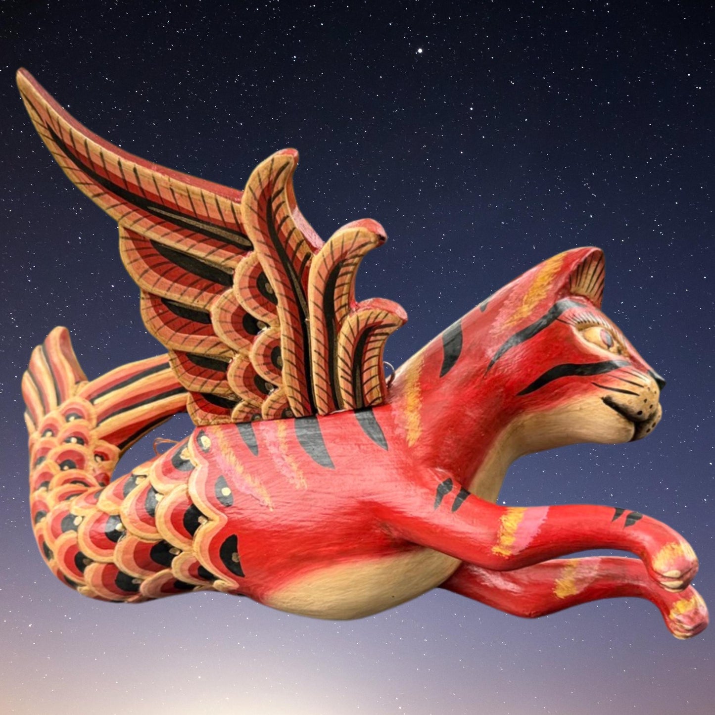 Hand Carved Winged Mermaid Cat Mobile: Balinese Spirit Guardian