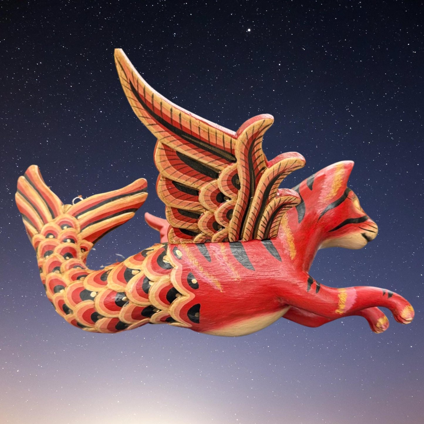 Hand Carved Winged Mermaid Cat Mobile: Balinese Spirit Guardian