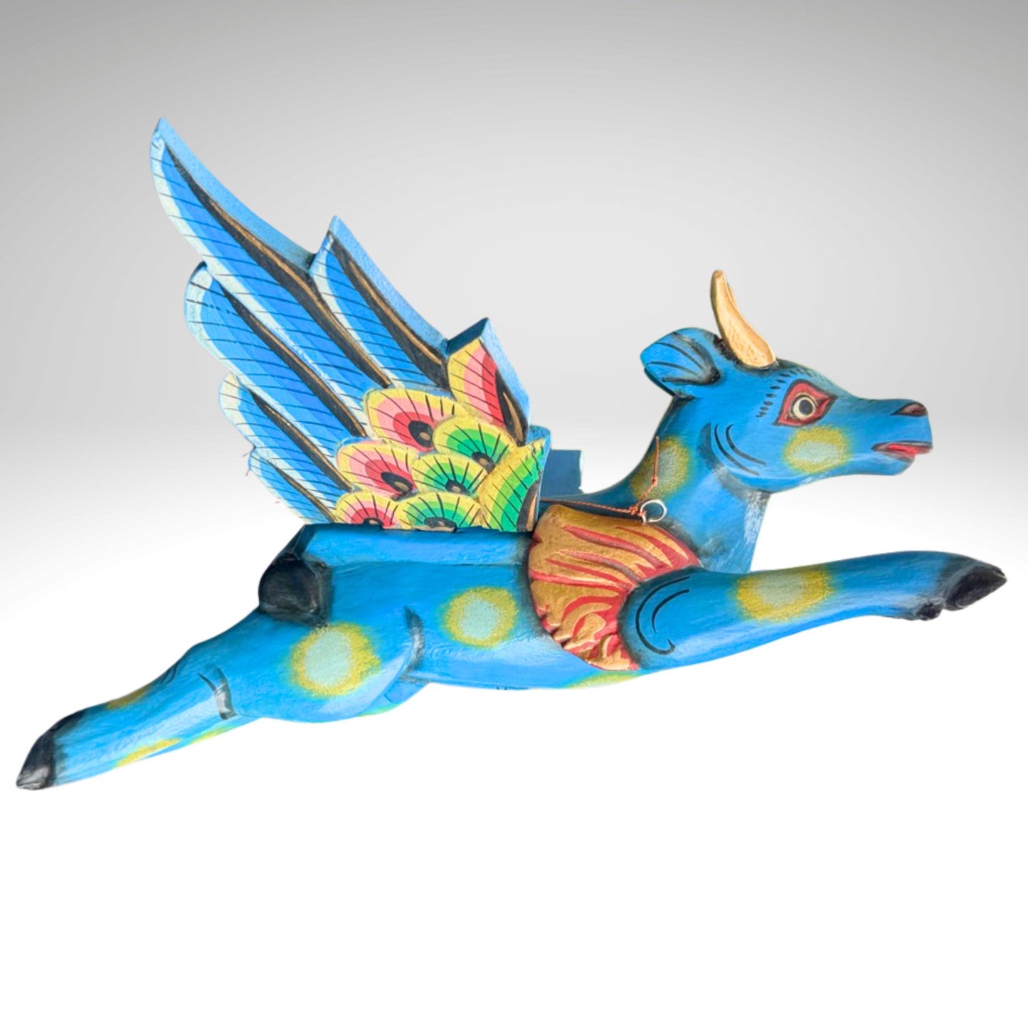 Flying Nandi Bull Balinese Spirit Chaser Mobile: Hand-Carved Wood Boho Decor, Folk Art