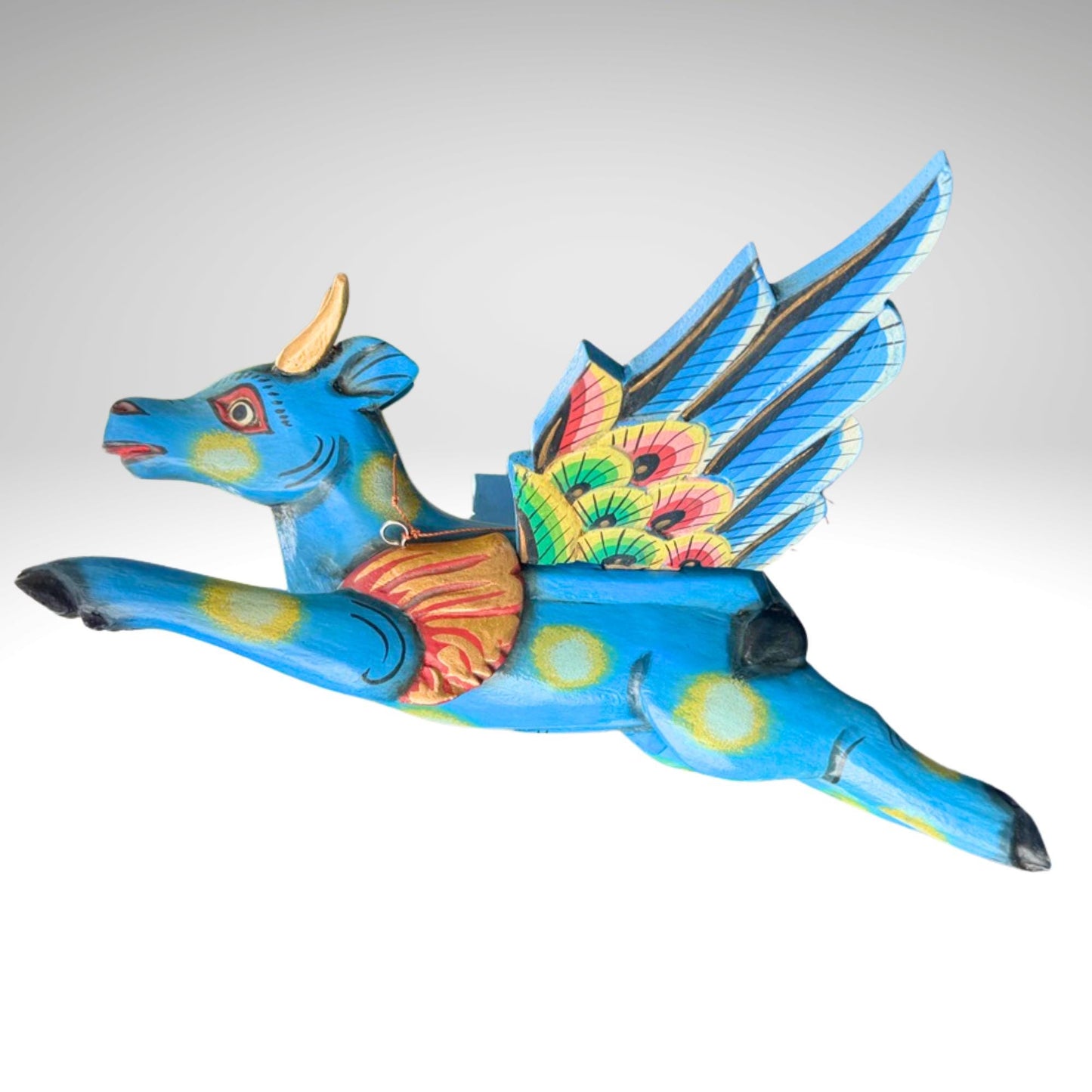 Flying Nandi Bull Balinese Spirit Chaser Mobile: Hand-Carved Wood Boho Decor, Folk Art