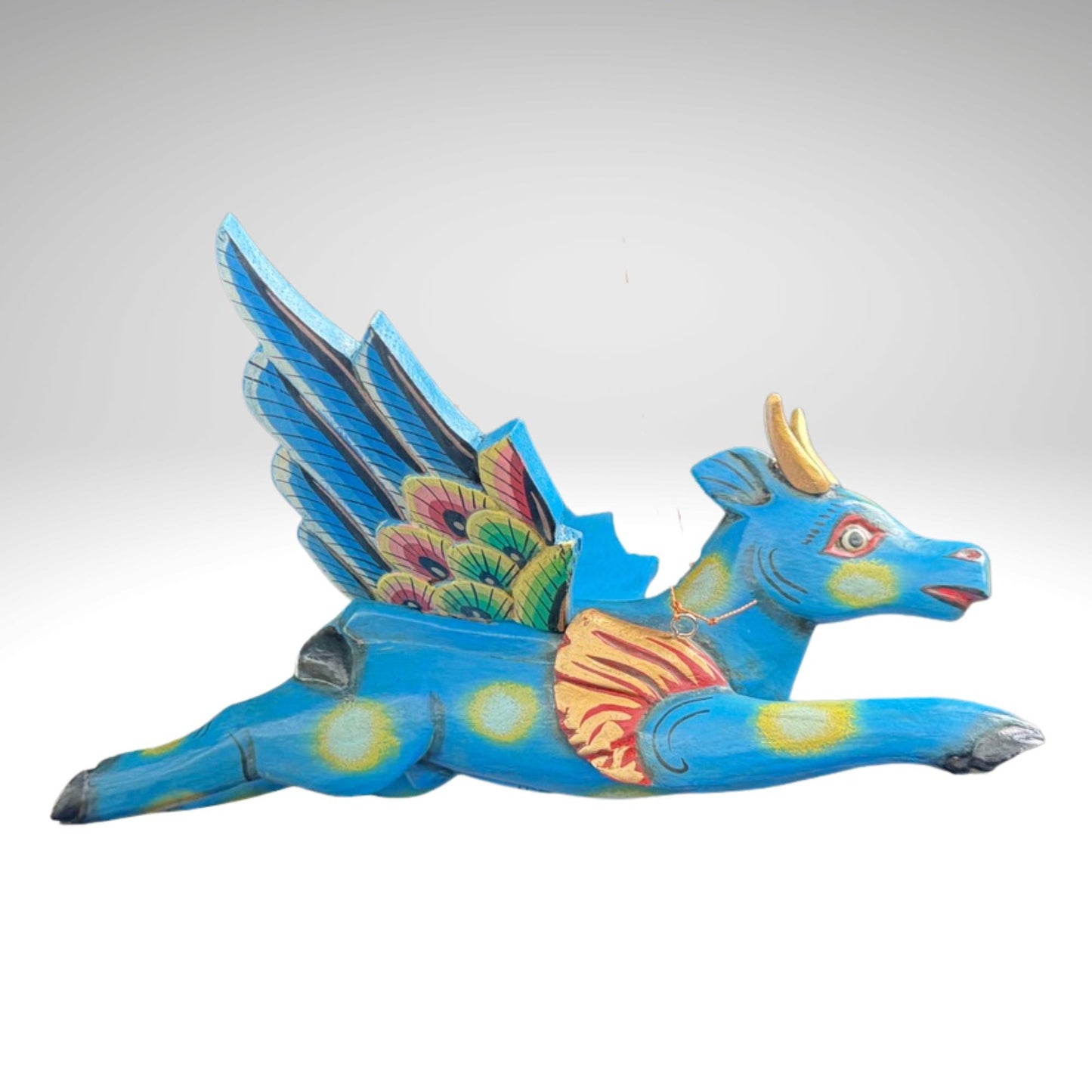 Flying Nandi Bull Balinese Spirit Chaser Mobile: Hand-Carved Wood Boho Decor, Folk Art