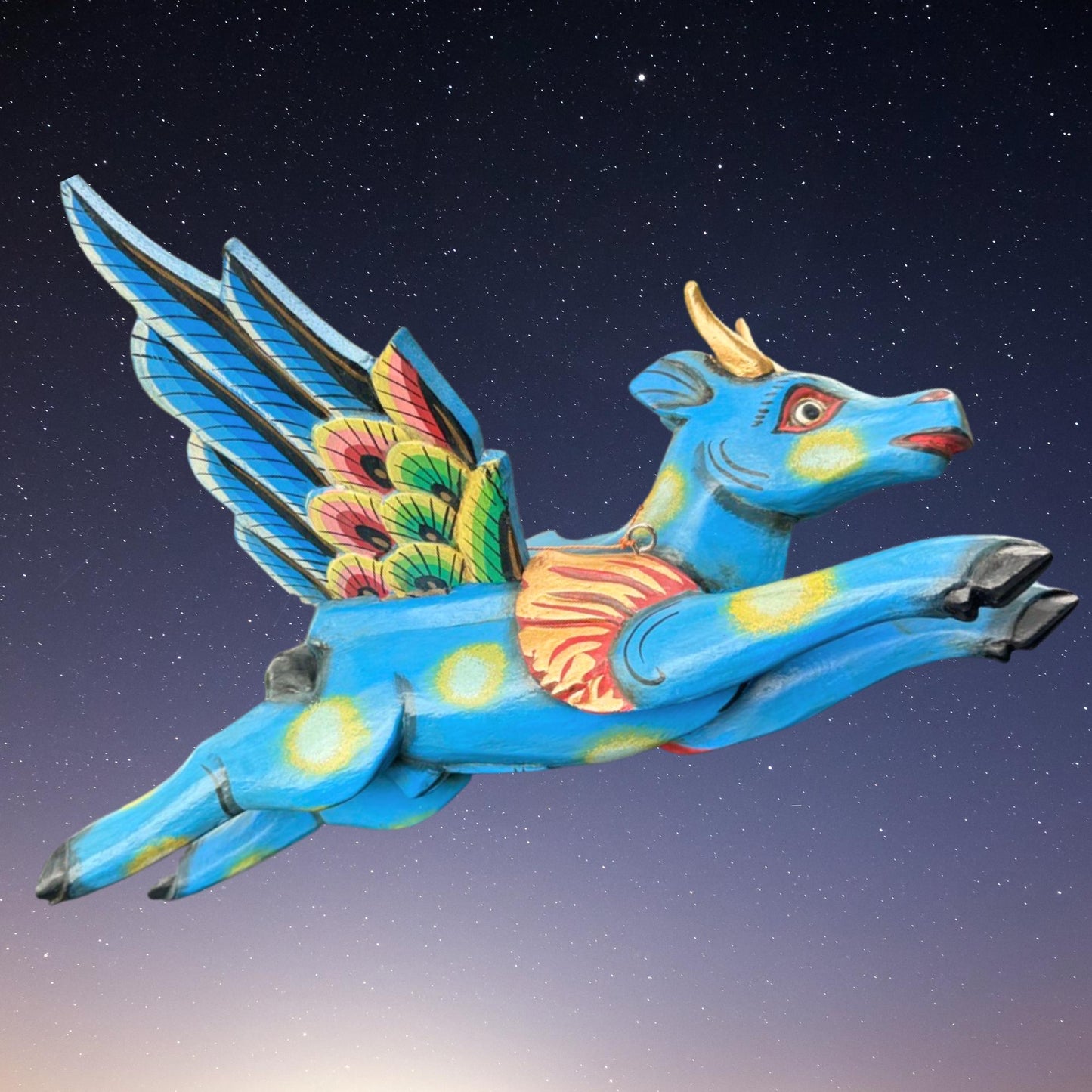 Flying Nandi Bull Balinese Spirit Chaser Mobile: Hand-Carved Wood Boho Decor, Folk Art