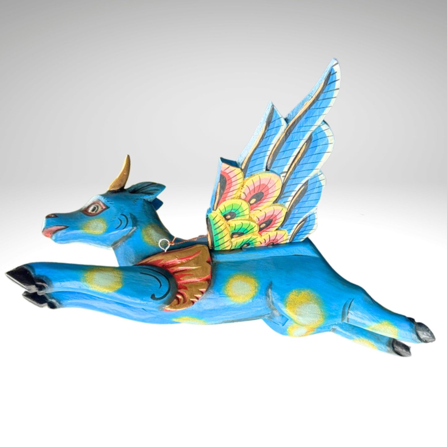 Flying Nandi Bull Balinese Spirit Chaser Mobile: Hand-Carved Wood Boho Decor, Folk Art