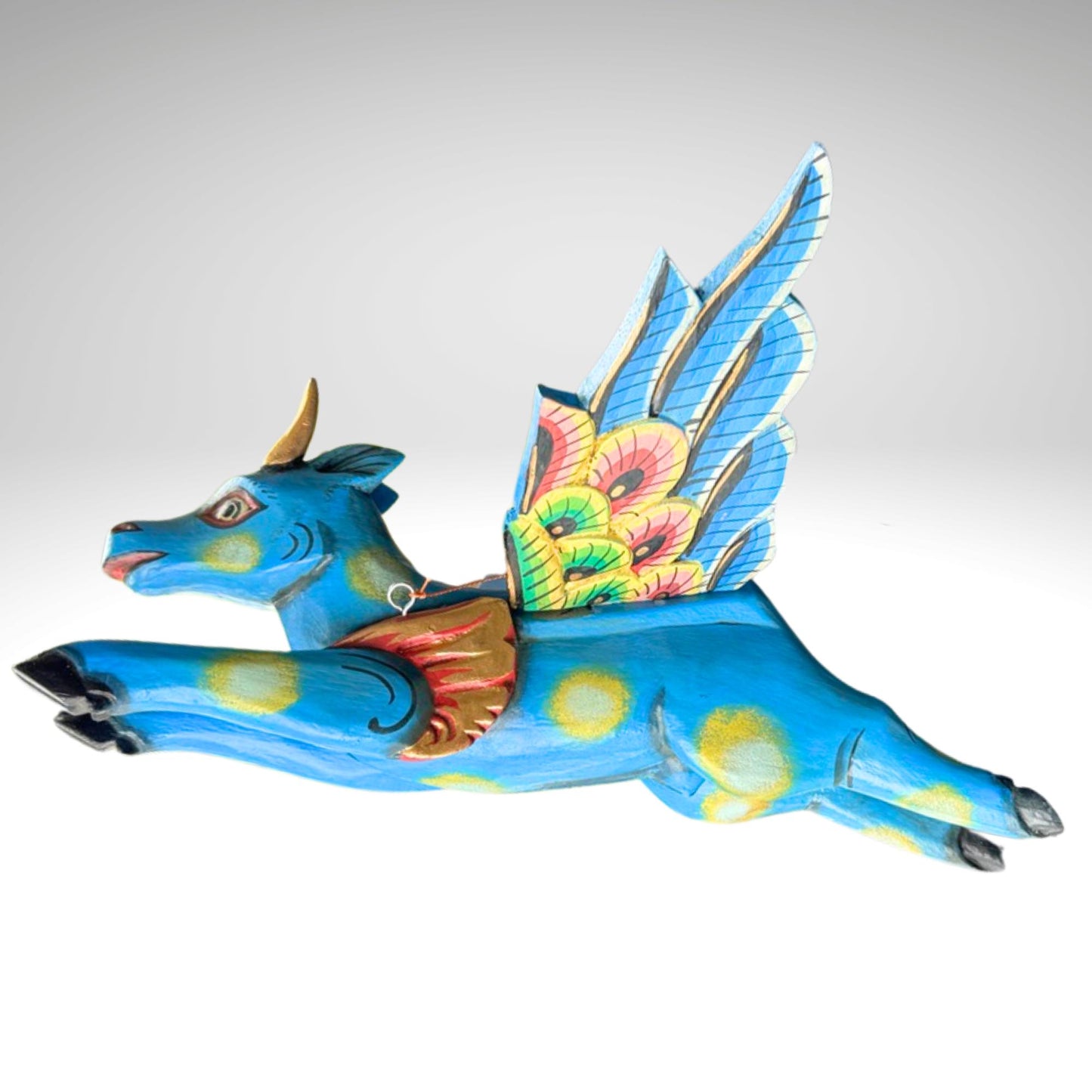 Flying Nandi Bull Balinese Spirit Chaser Mobile: Hand-Carved Wood Boho Decor, Folk Art