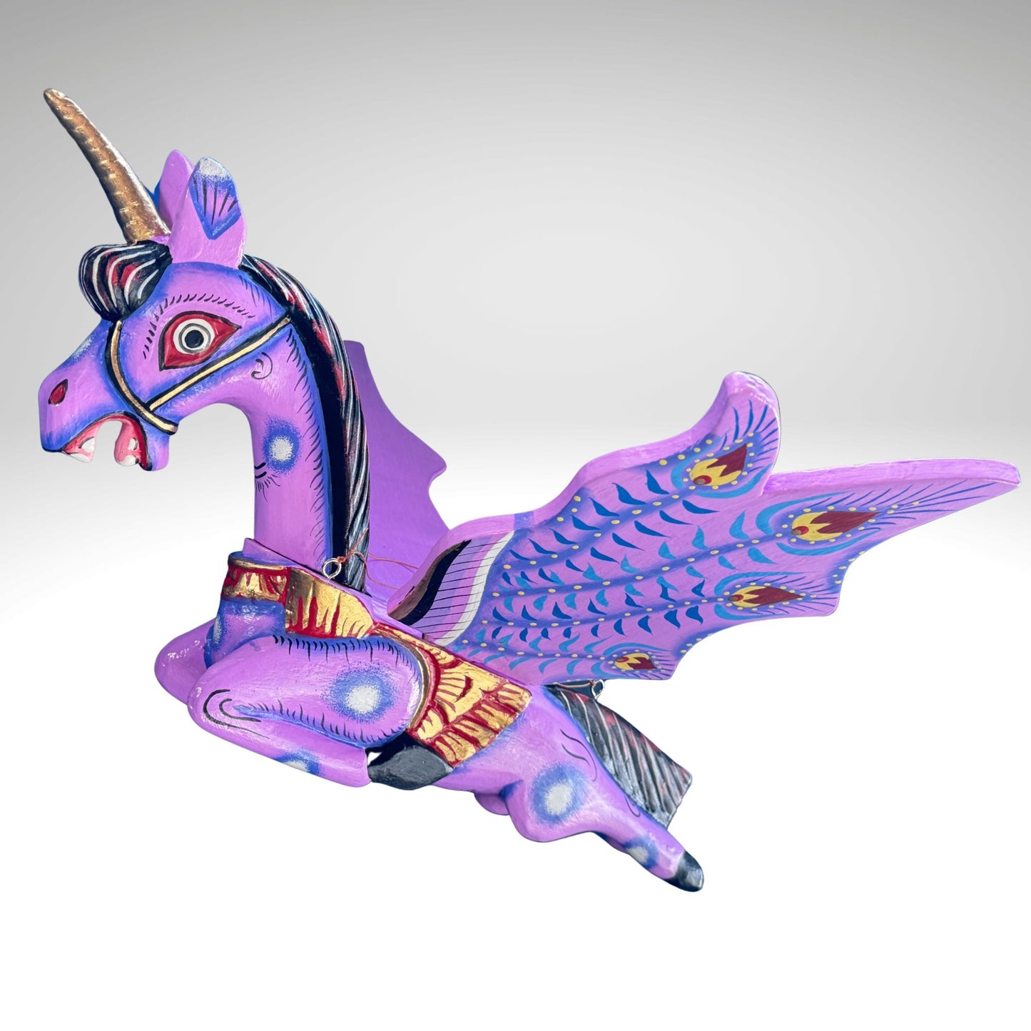 Hand Carved Balinese Unicorn Spirit chaser  Mobile: Purple Flying Horse Wood Carving