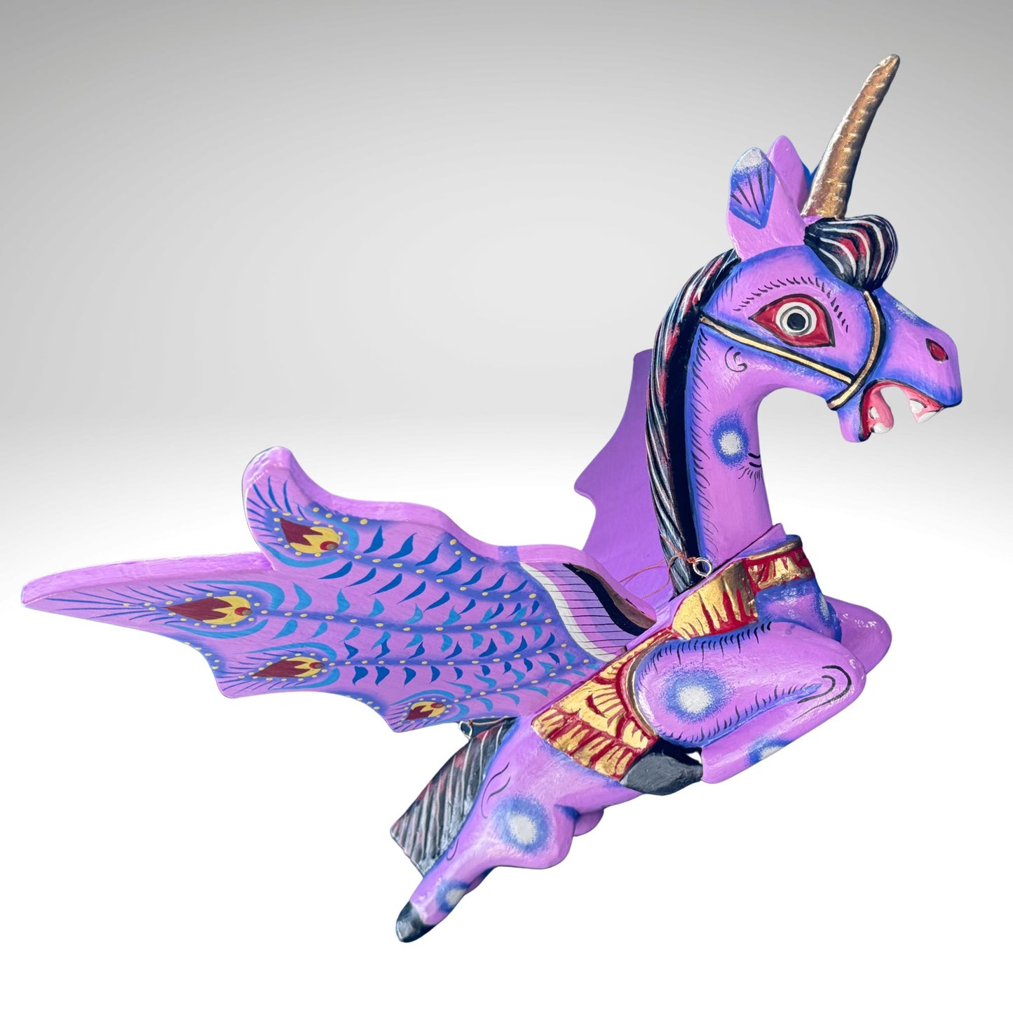Hand Carved Balinese Unicorn Spirit chaser  Mobile: Purple Flying Horse Wood Carving