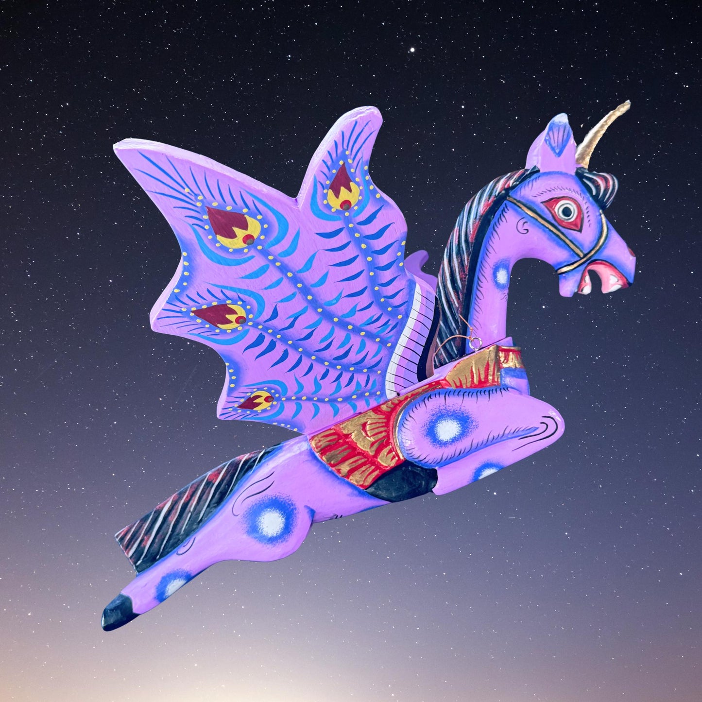 Hand Carved Balinese Unicorn Spirit chaser  Mobile: Purple Flying Horse Wood Carving