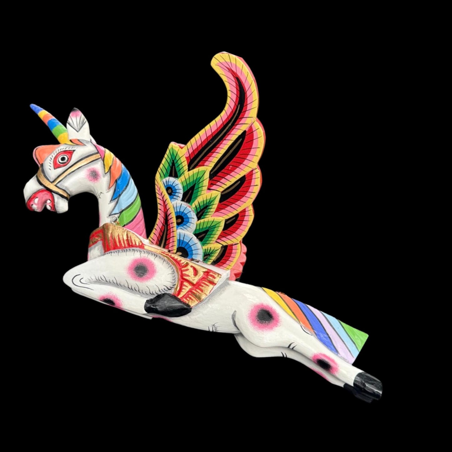 Hand Carved Winged Unicorn Balinese Spirit Chaser Mobile: Rainbow Folk Art