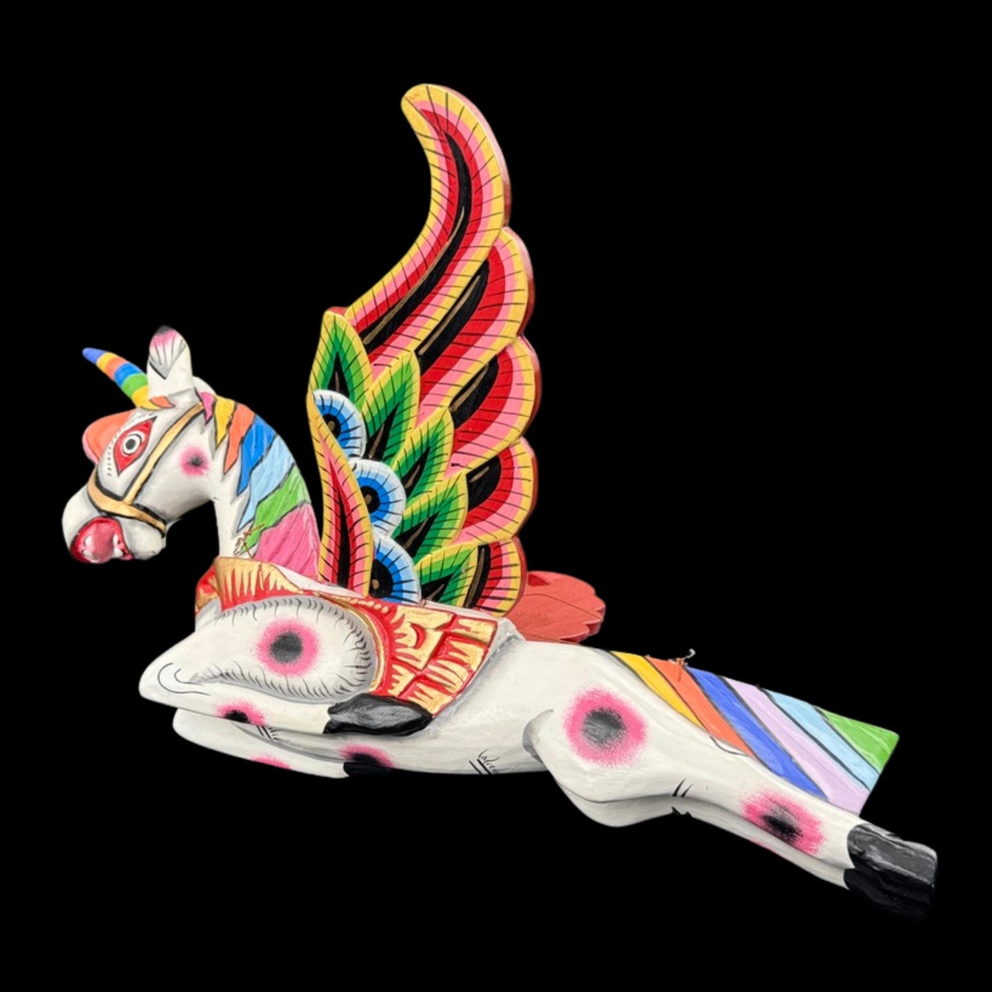 Hand Carved Winged Unicorn Balinese Spirit Chaser Mobile: Rainbow Folk Art