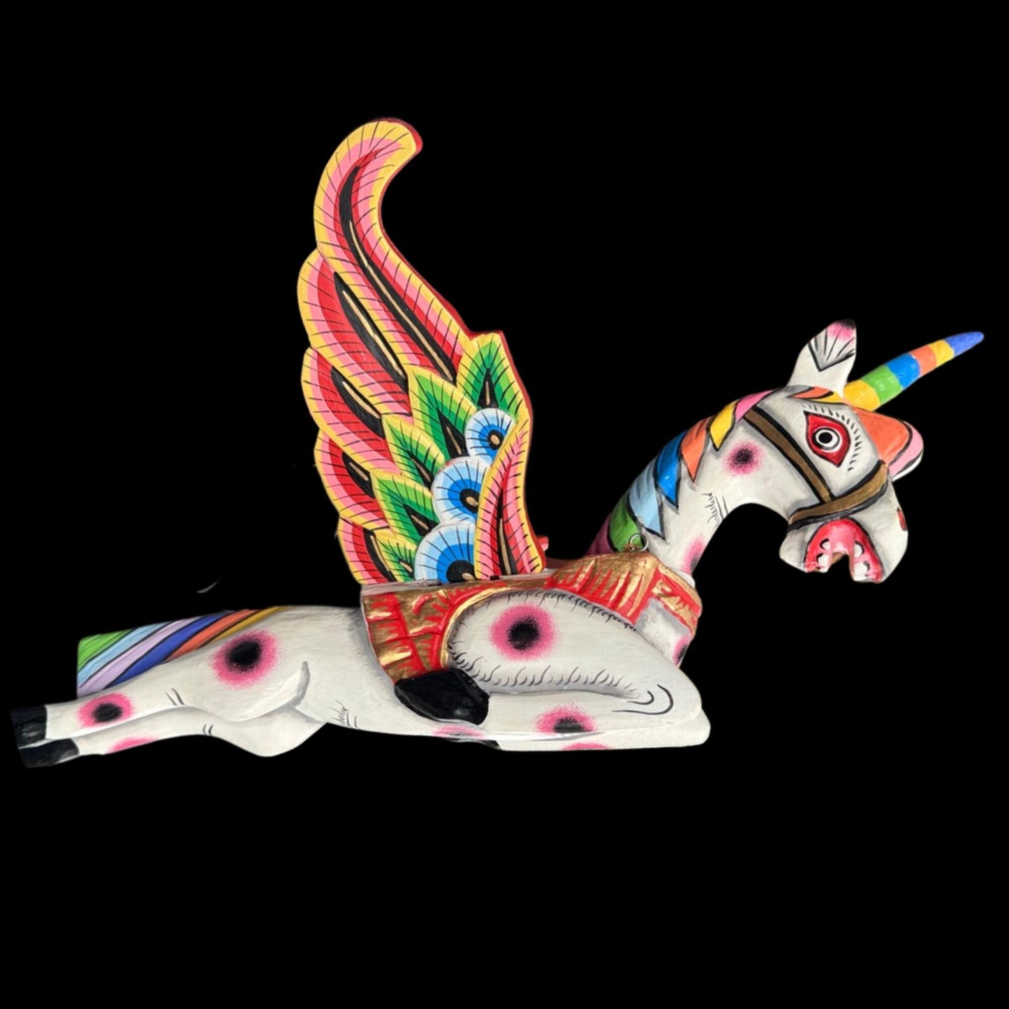 Hand Carved Winged Unicorn Balinese Spirit Chaser Mobile: Rainbow Folk Art