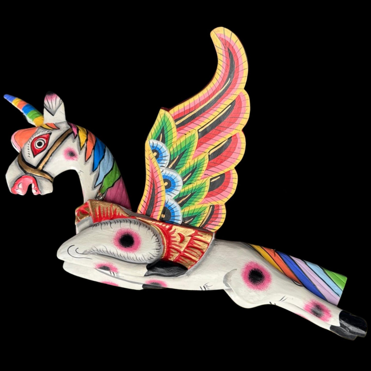 Hand Carved Winged Unicorn Balinese Spirit Chaser Mobile: Rainbow Folk Art