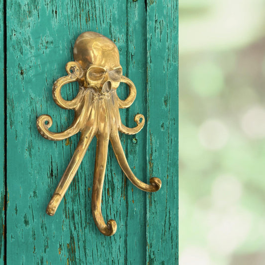 Bronze Octopus Skull Wall Hook: Nautical Pirate Decor, Handmade Bali Art - Acadia World Traders
