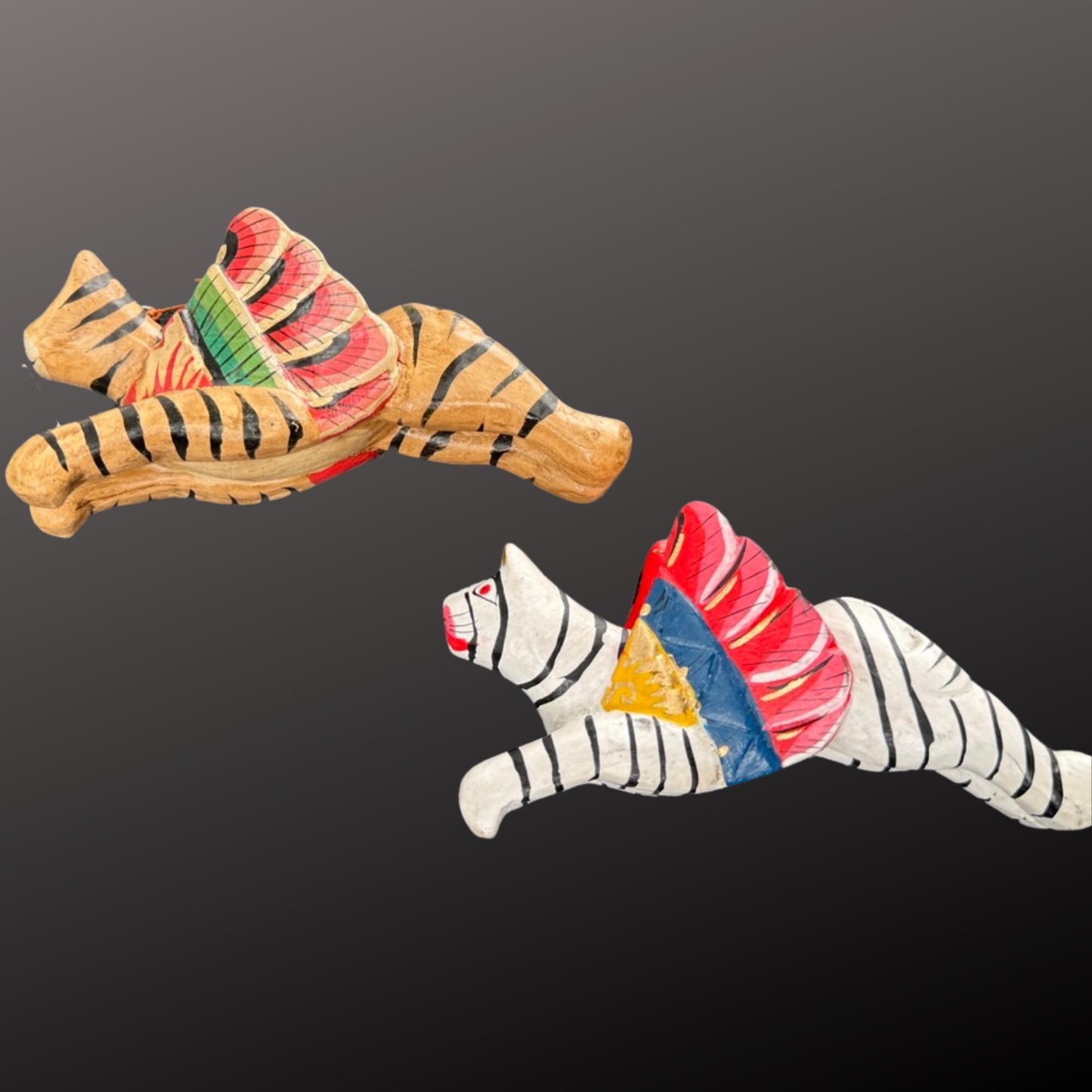 Hand Carved Winged Tabby Cat Ornament: Balinese Folk Art Set