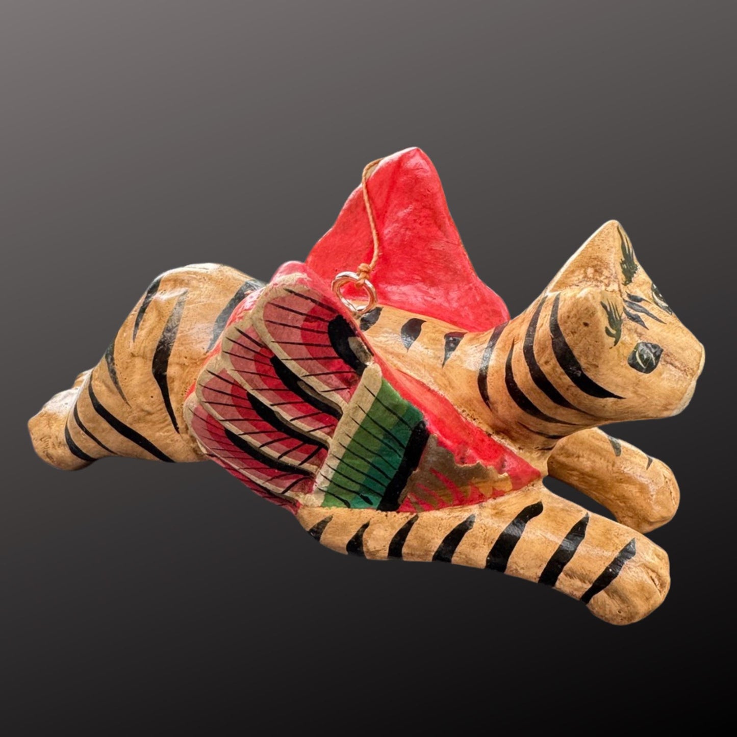Hand Carved Winged Tabby Cat Ornament: Balinese Folk Art Set